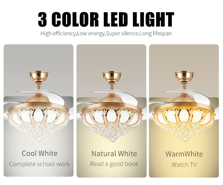 2002A 42 Inches Gold Crystal Ceiling Fan with Invisible Blades with Remote Control Retractable Chandelier Ac Dc factory