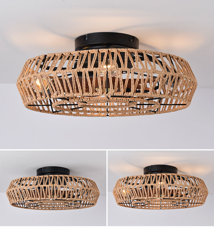 Wholesale Flush Mount Cage Ceiling Fan Light Farmhouse Caged Rattan Ceiling Fan Light Vintage Ceiling Fan with Light for Bedroom supplier