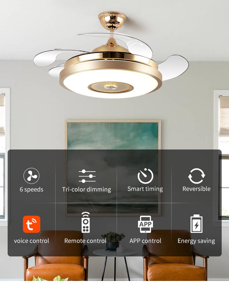 Retractable Gold Ceiling Fan with Light and Remote Control 4 Blades Fan with Lamp 42 Inch Ceiling Fan with Light for Bedroom details
