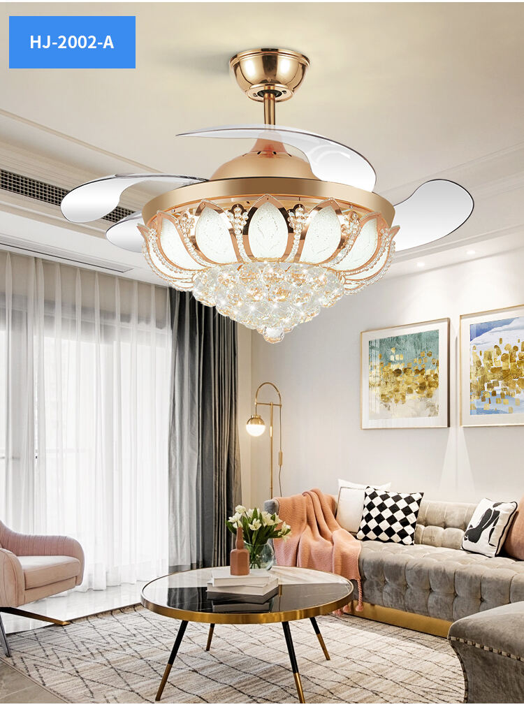 2002A 42 Inches Gold Crystal Ceiling Fan with Invisible Blades with Remote Control Retractable Chandelier Ac Dc manufacture