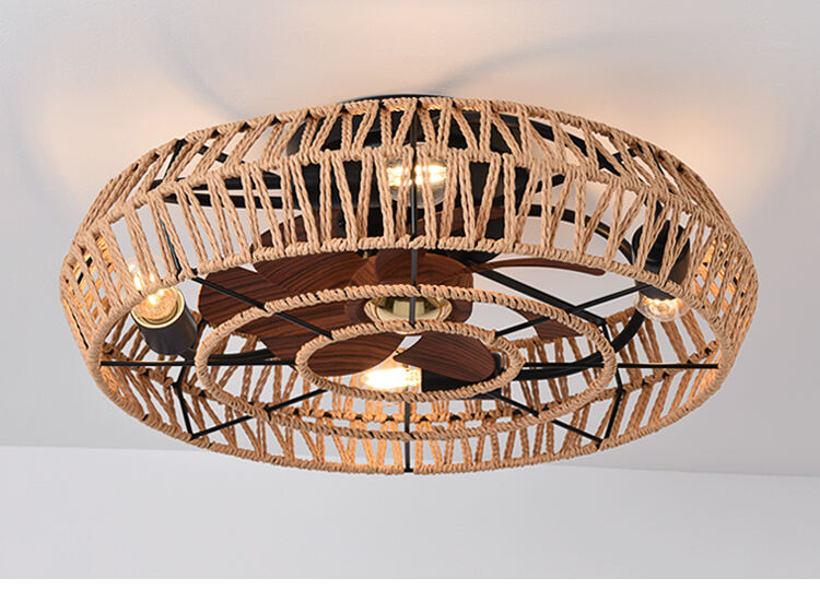 Wholesale Flush Mount Cage Ceiling Fan Light Farmhouse Caged Rattan Ceiling Fan Light Vintage Ceiling Fan with Light for Bedroom details