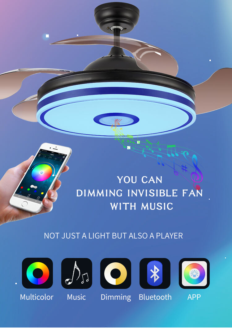 New Foldable Blade Ceiling Fan with Light and Sound Living Room Invisible Ceiling Fan Light RGB Modern Fan with Light Dimmable factory