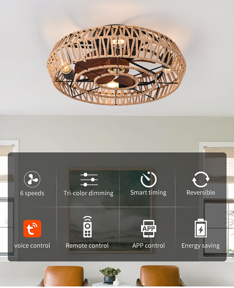 Wholesale Flush Mount Cage Ceiling Fan Light Farmhouse Caged Rattan Ceiling Fan Light Vintage Ceiling Fan with Light for Bedroom manufacture