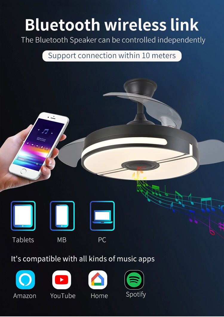 Ceiling Fan with Light Fixtures for Bedroom with Remote Quiet Silence Modern Ceiling Uk Led Fan and Light with Speaker factory