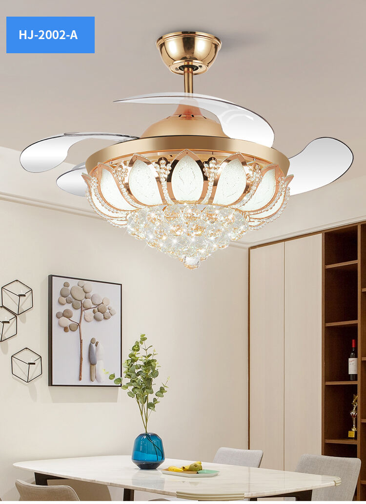 2002A 42 Inches Gold Crystal Ceiling Fan with Invisible Blades with Remote Control Retractable Chandelier Ac Dc factory