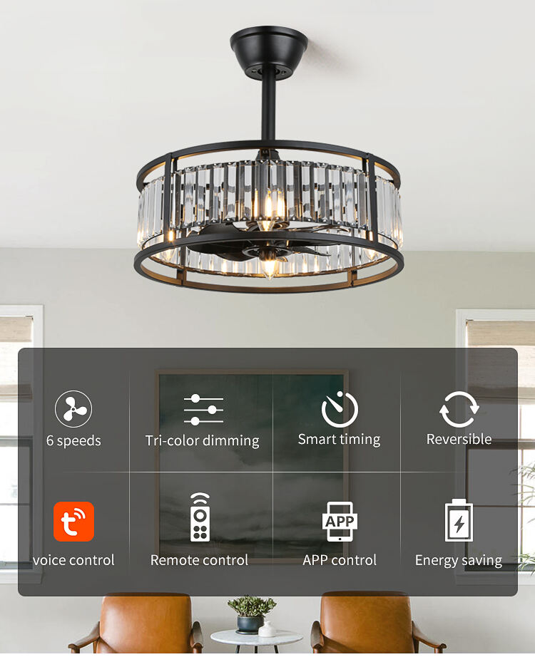 Luxury Bedroom Led Lamp With Fan Ceiling Fan with Light Downrod Flush Mount Low Profile Crystal Caged Fan Light for Living Room details