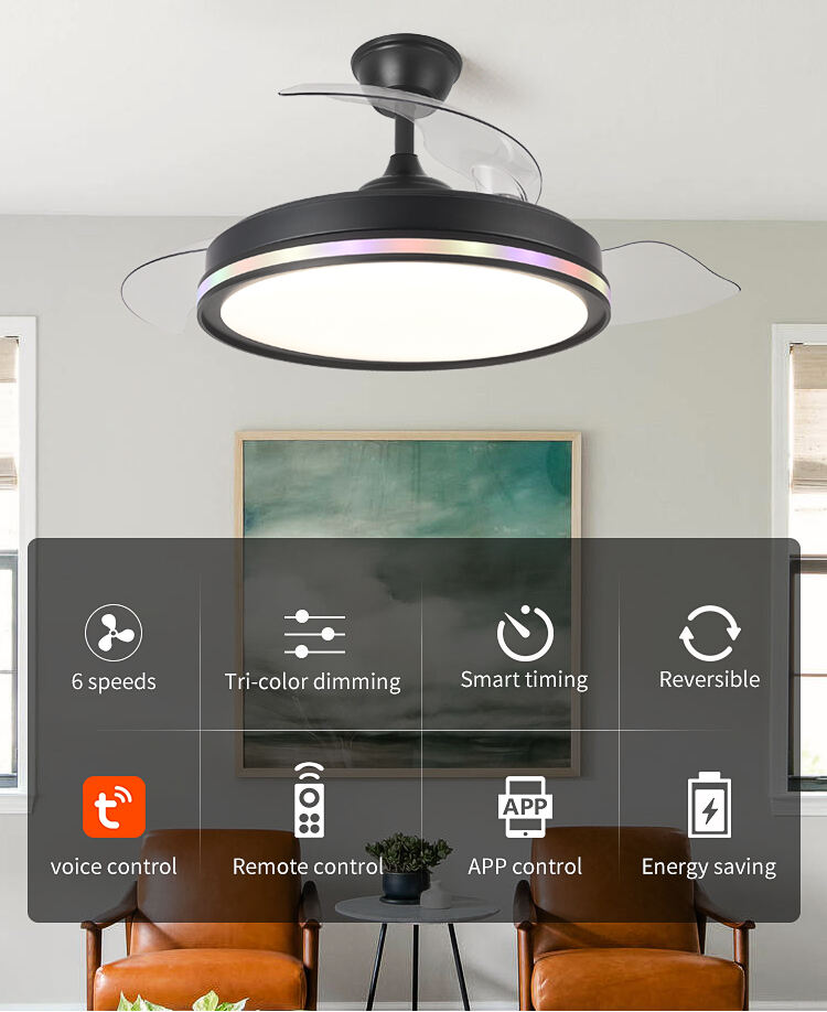 Black White RGB 42in Ceiling Fan with Light and Remote Control 4 Blades Fan with Lamp 42 Inch Ceiling Fan with Light for Bedroom factory