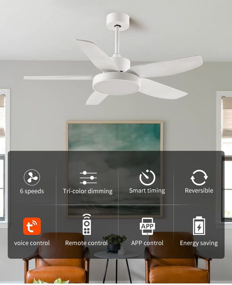 Flush Mount White Indoor Ceiling Fans with Light and Remote 42 46 52 54 Inch Black Modern Wifi Ceiling Fan Light Kit for Bedroom supplier