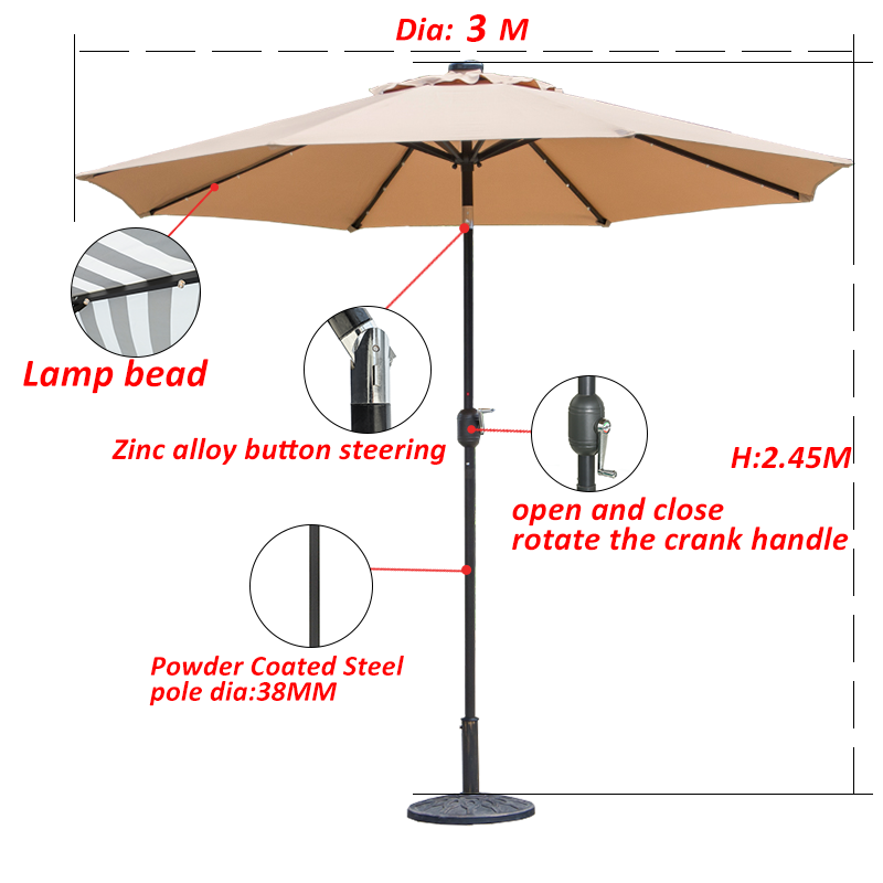 Patio Led Lights Parasol Courtyard Terrace Outdoor Round Sun Umbrella Milan umbrella factory