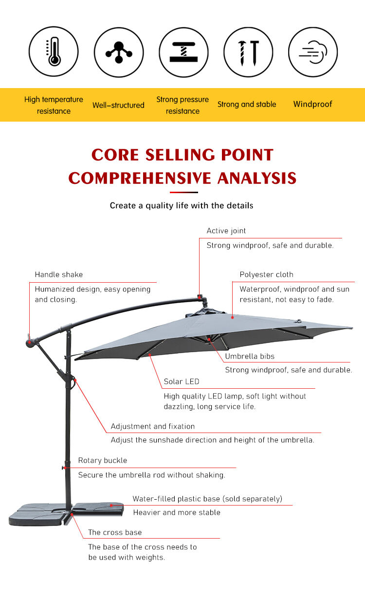 Solar LED umbrella Garden poolside Deluxe hanging umbrella strong parasol banana umbrella with cross base factory