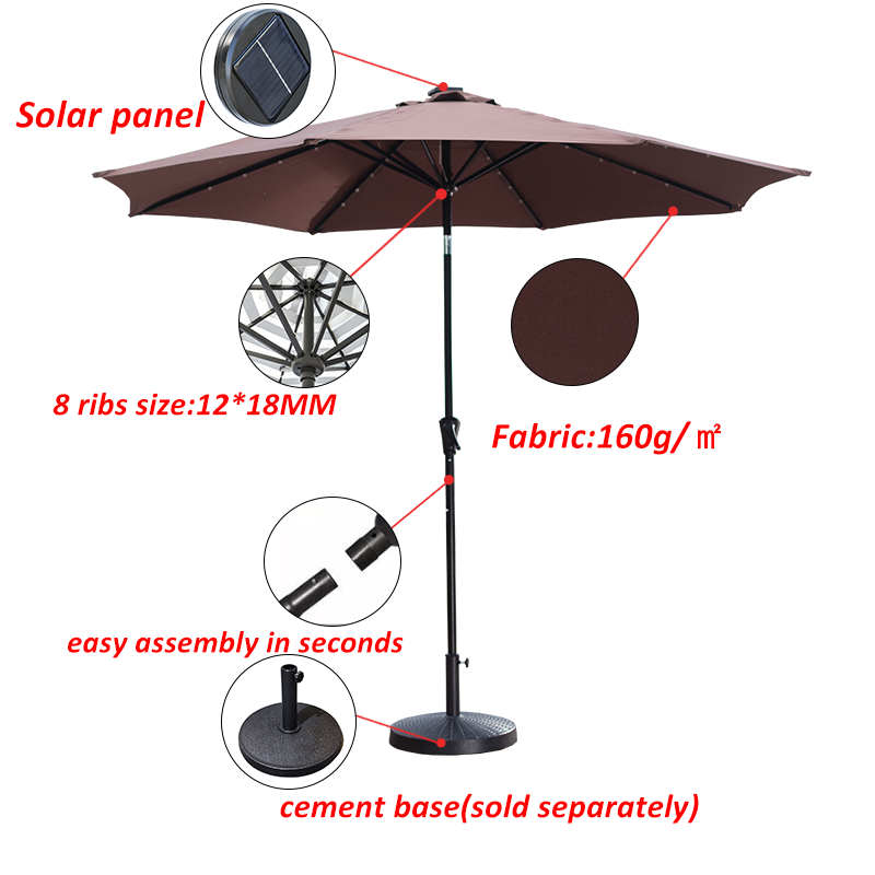 Custom Logo Solar Center Pillar Patio Umbrella Outdoor Round Umbrella  patio outdoor parasol with solar lights supplier