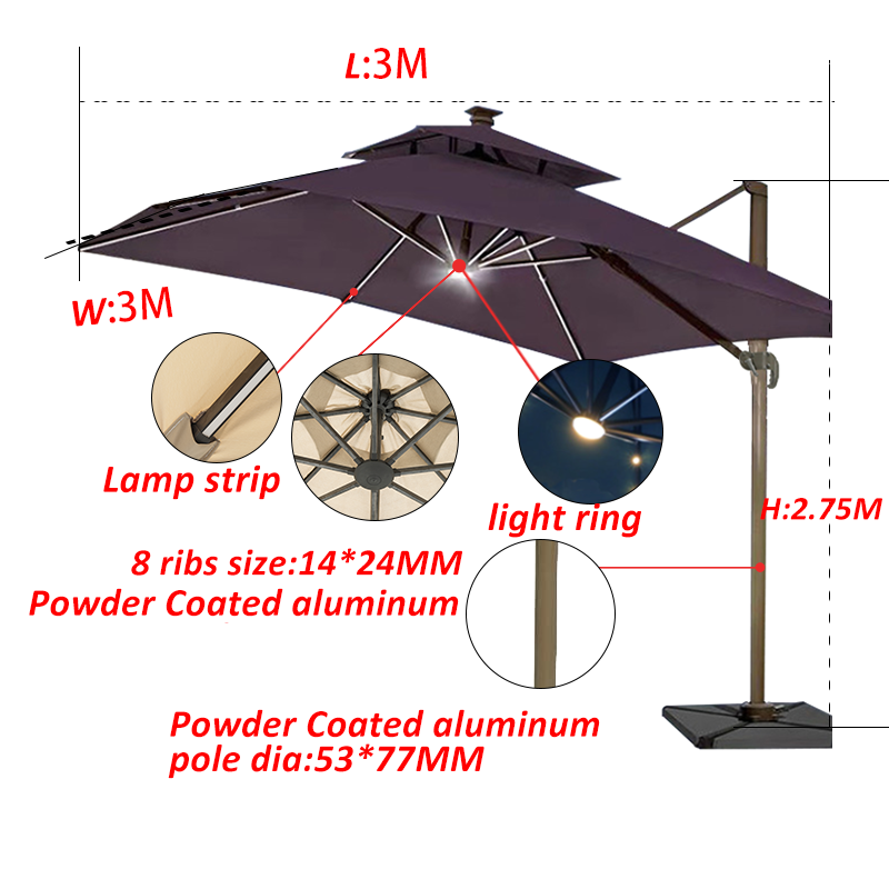 Waterproof Sunscreen Large Parasols outdoor LED light Roma umbrella 3*3m Modern Roman 4M Round Cantilever Umbrellas manufacture