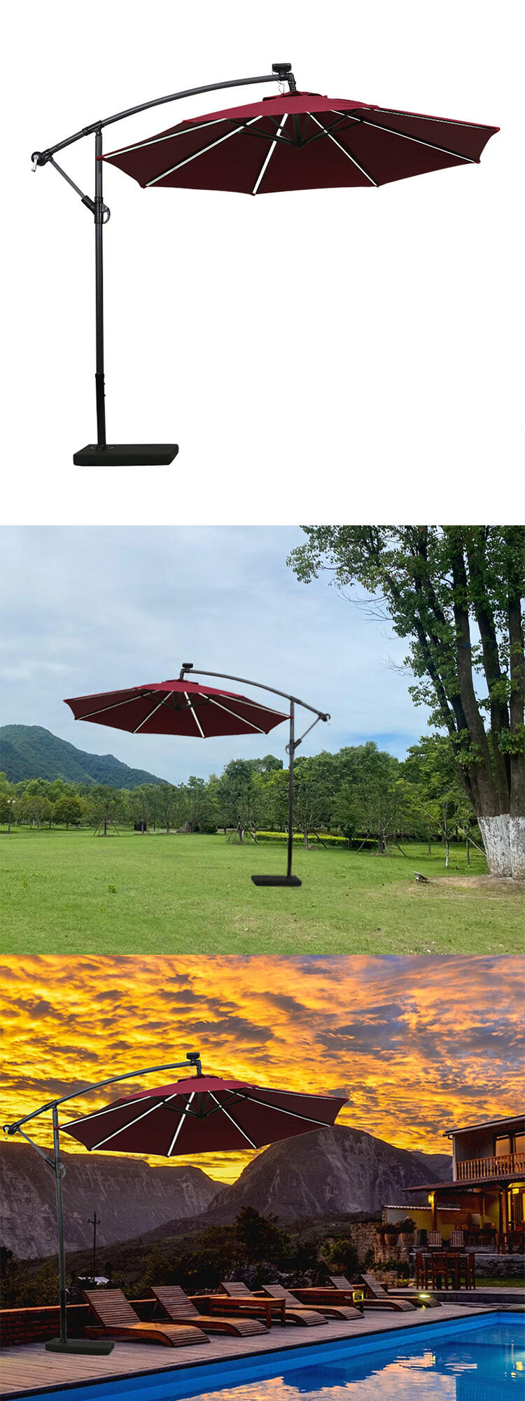 Solar Patio Umbrella with LED light Cantilever Umbrella polyester Fabric Market Hanging Umbrellas For Hotel Pool factory