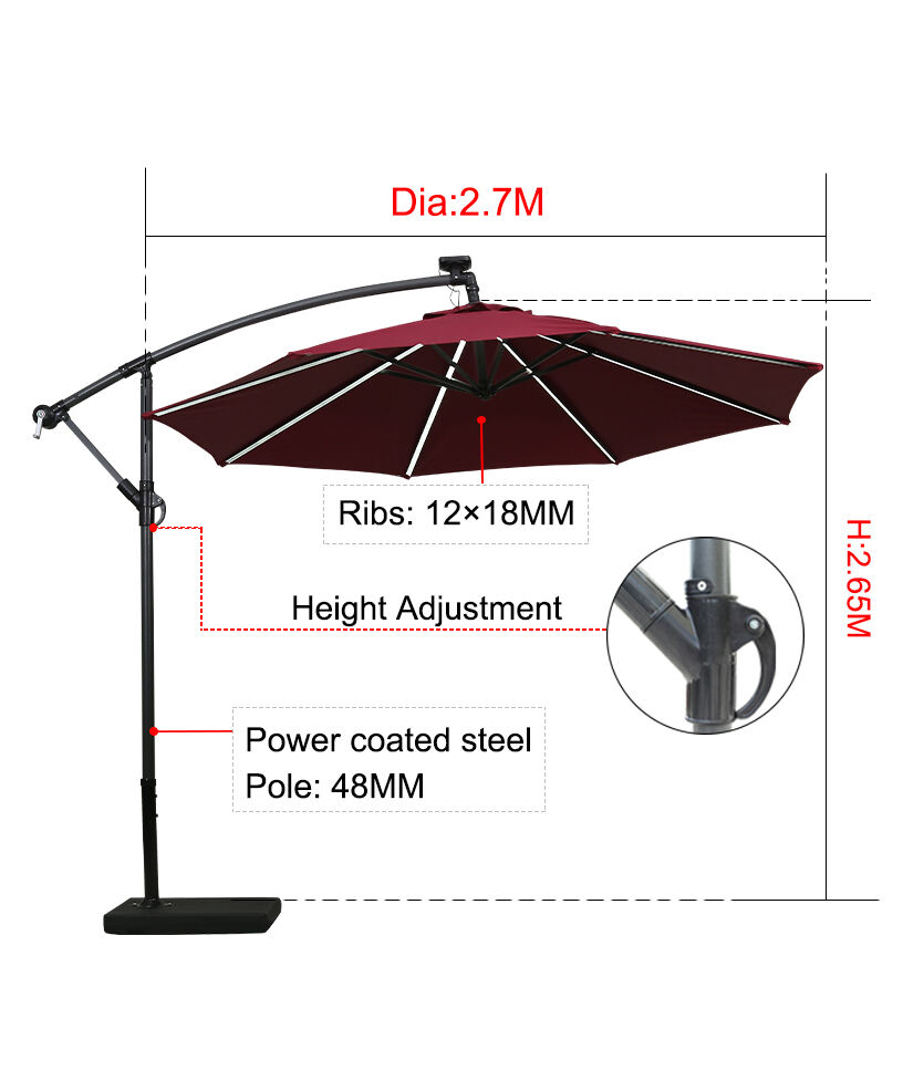 Solar Patio Umbrella with LED light Cantilever Umbrella polyester Fabric Market Hanging Umbrellas For Hotel Pool details