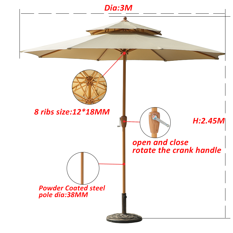 two layers Wood paint pole steel ribs 10ft middle post umbrella patio garden beach parasol manufacture