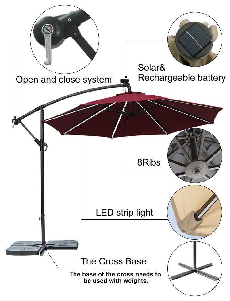 Solar Patio Umbrella with LED light Cantilever Umbrella polyester Fabric Market Hanging Umbrellas For Hotel Pool details