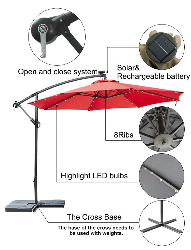 Outdoor garden patio banana umbrella solar power led lights steel side pole ready to ship Factory wholesale factory