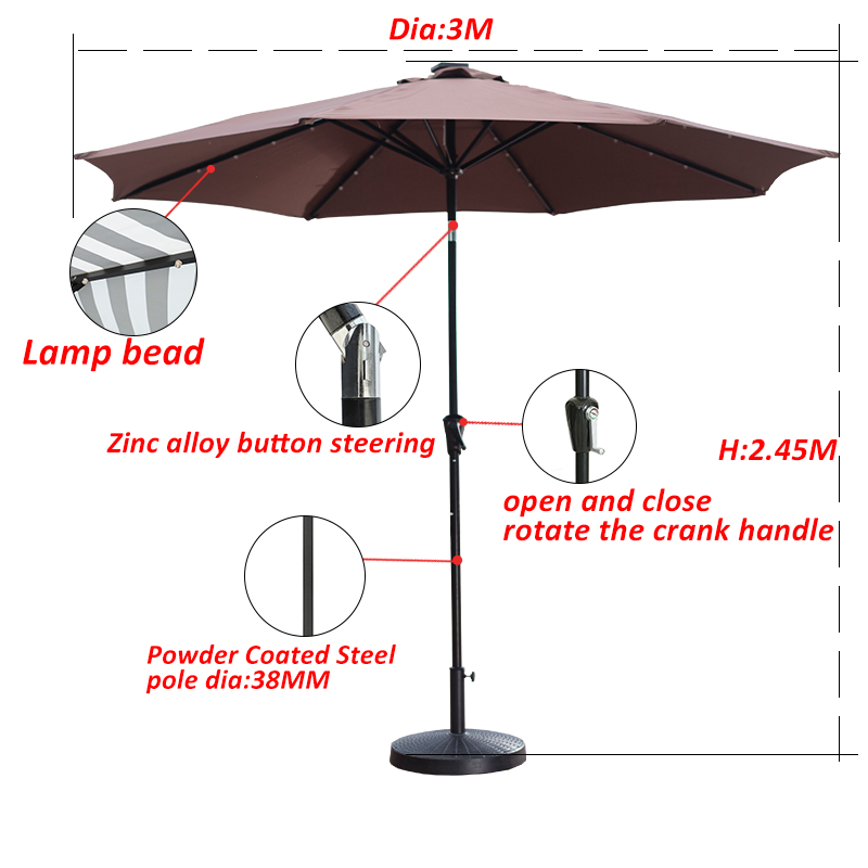 Custom Logo Solar Center Pillar Patio Umbrella Outdoor Round Umbrella  patio outdoor parasol with solar lights factory