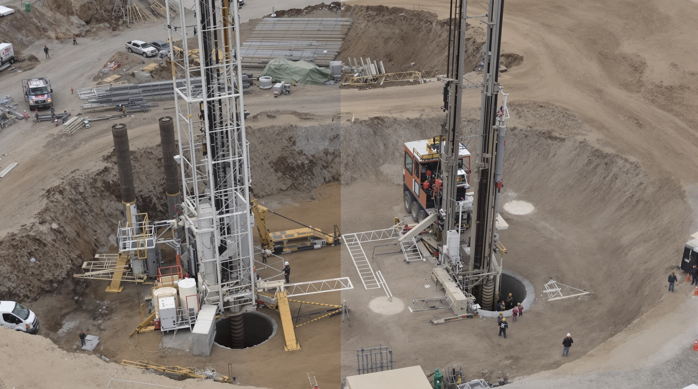 Side-by-side scene of a core barrel rig drilling deep and an auger rig drilling several shallow holes with workers, emphasizing operational differences