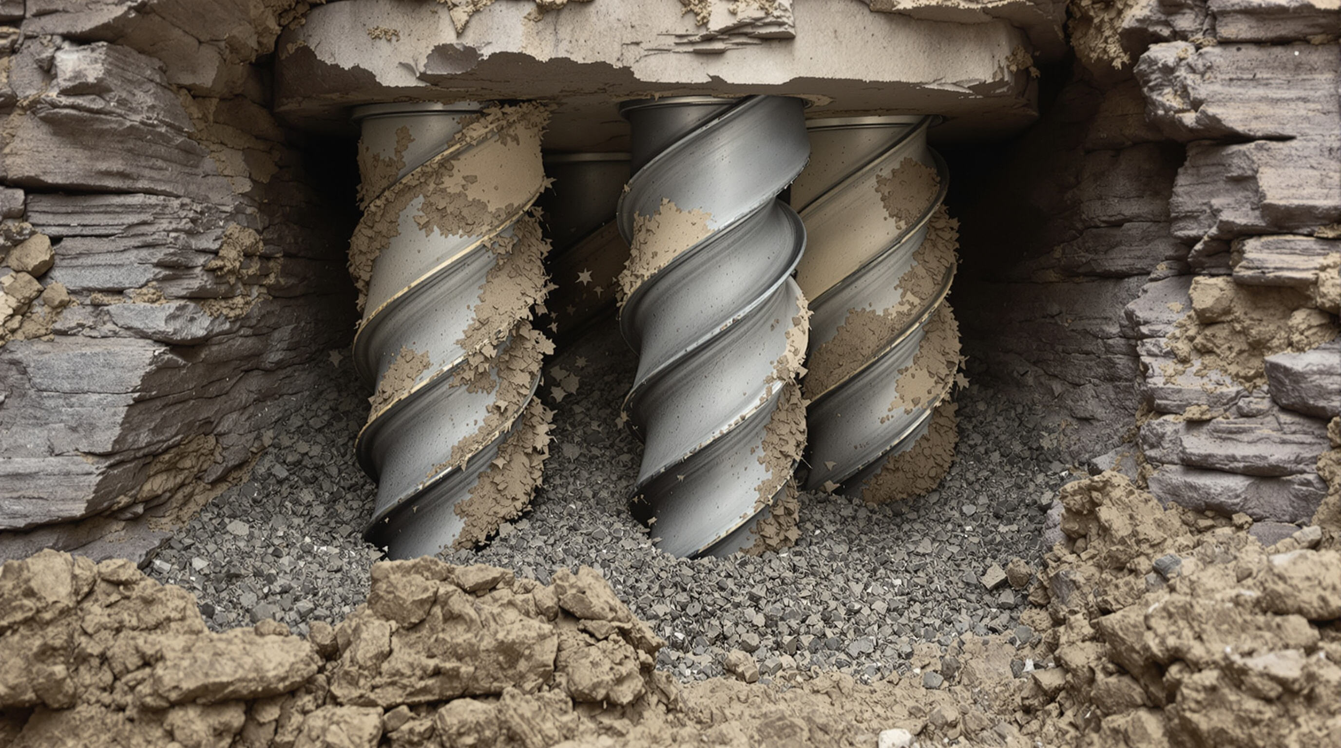Close-up of a tricone drill bit with three rotating cones cutting through rock and debris being cleared by jets