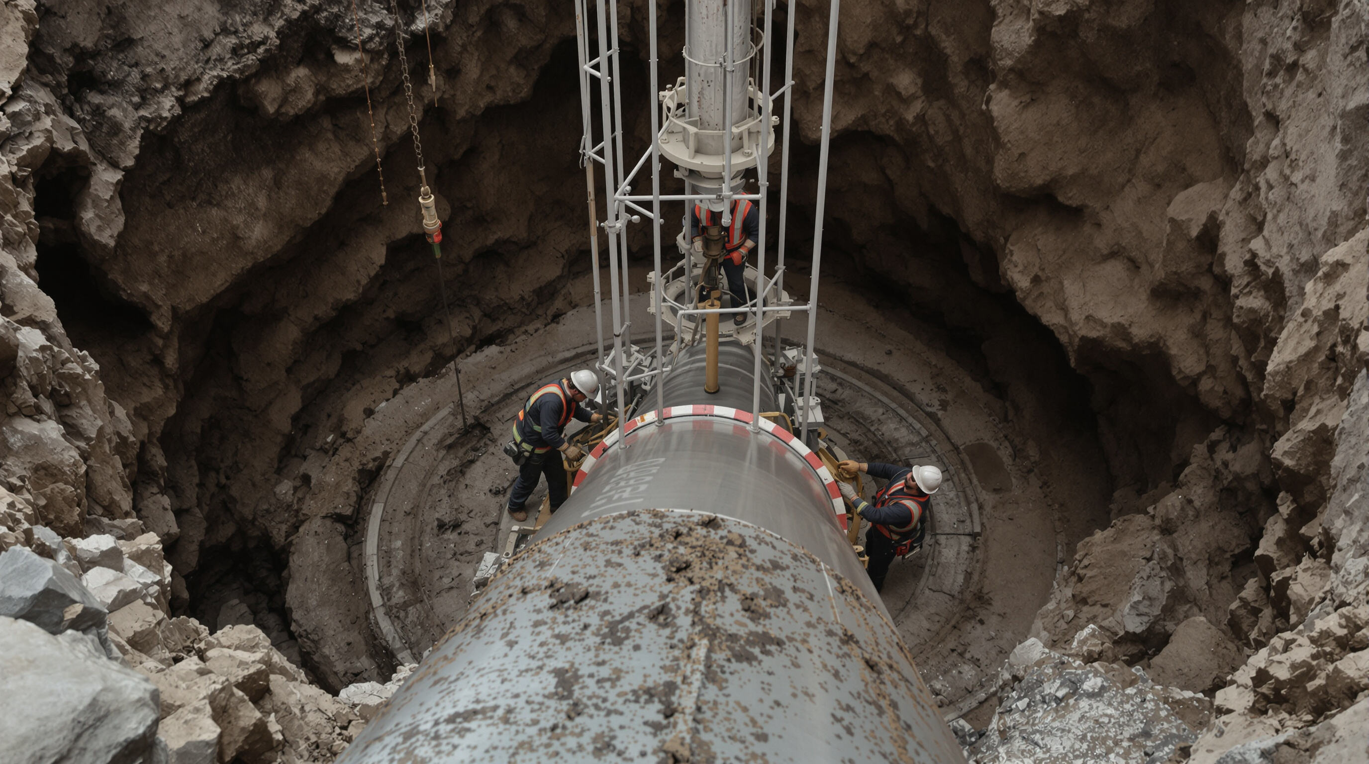 A close-up photo of workers installing steel casing pipe into a borehole with rocky soils exposed.