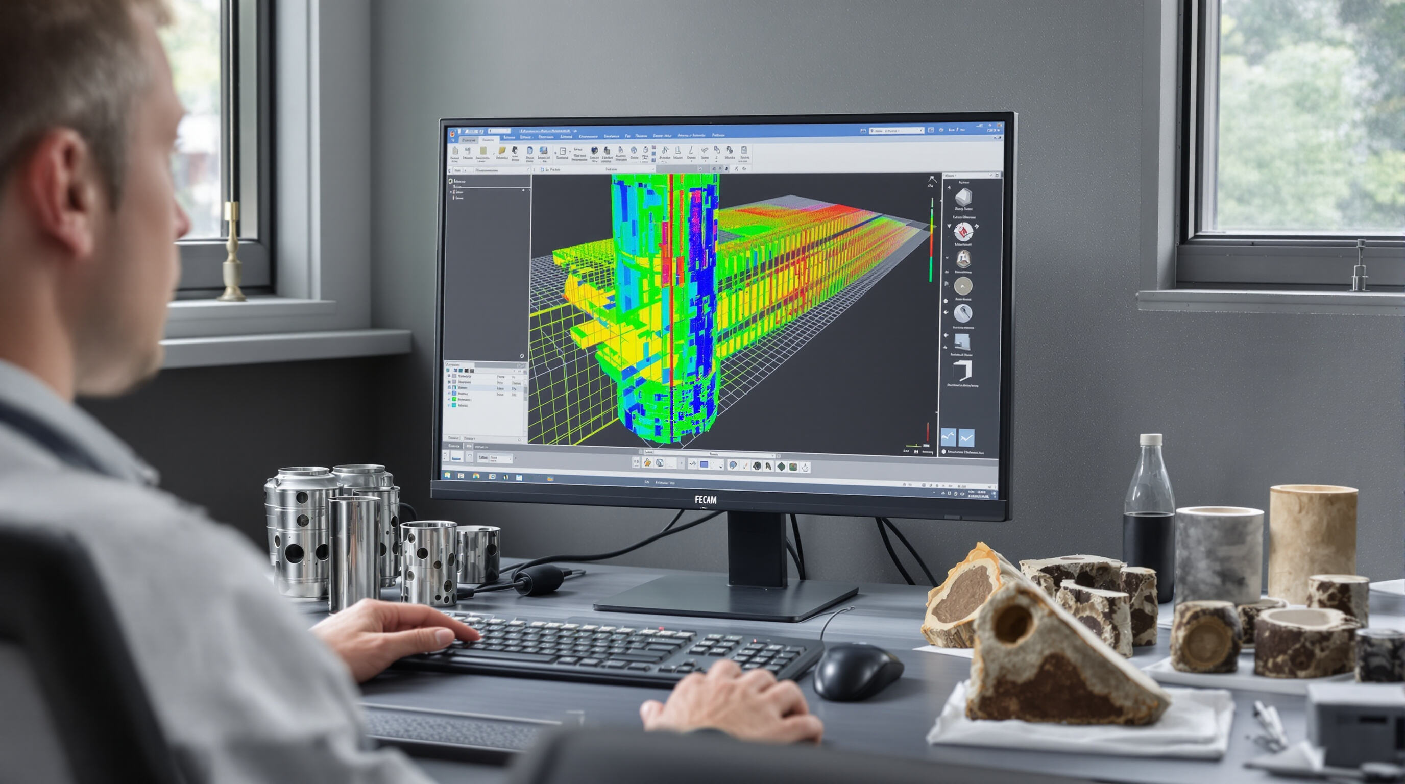 Engineer reviewing finite element analysis simulation of casing and cement systems at workstation