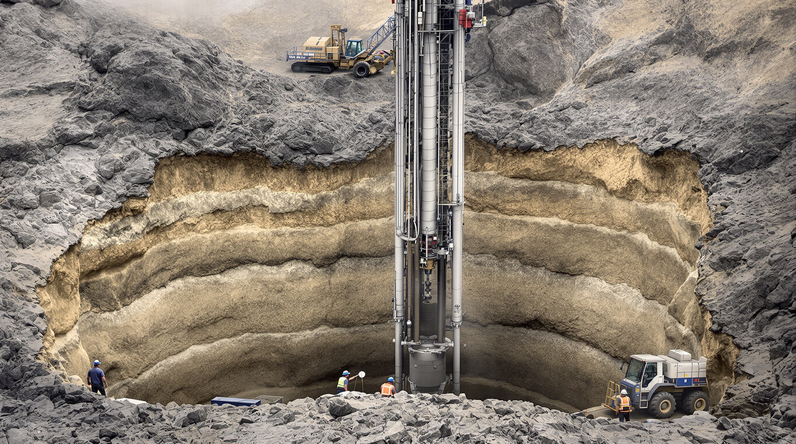Drilling rig with core barrel penetrating granite, workers supervising in rocky construction zone