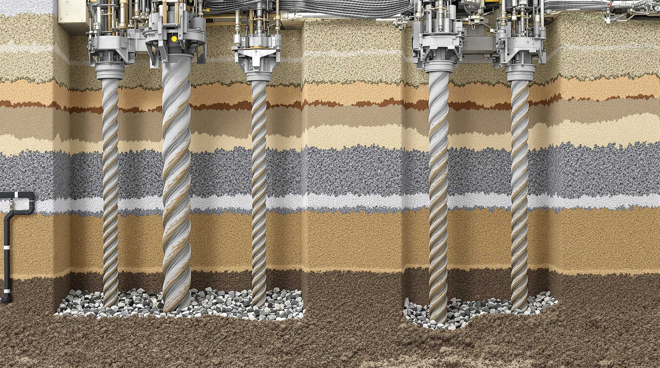 Cross-section of drilling buckets operating in multiple rock layers with visible wear differences