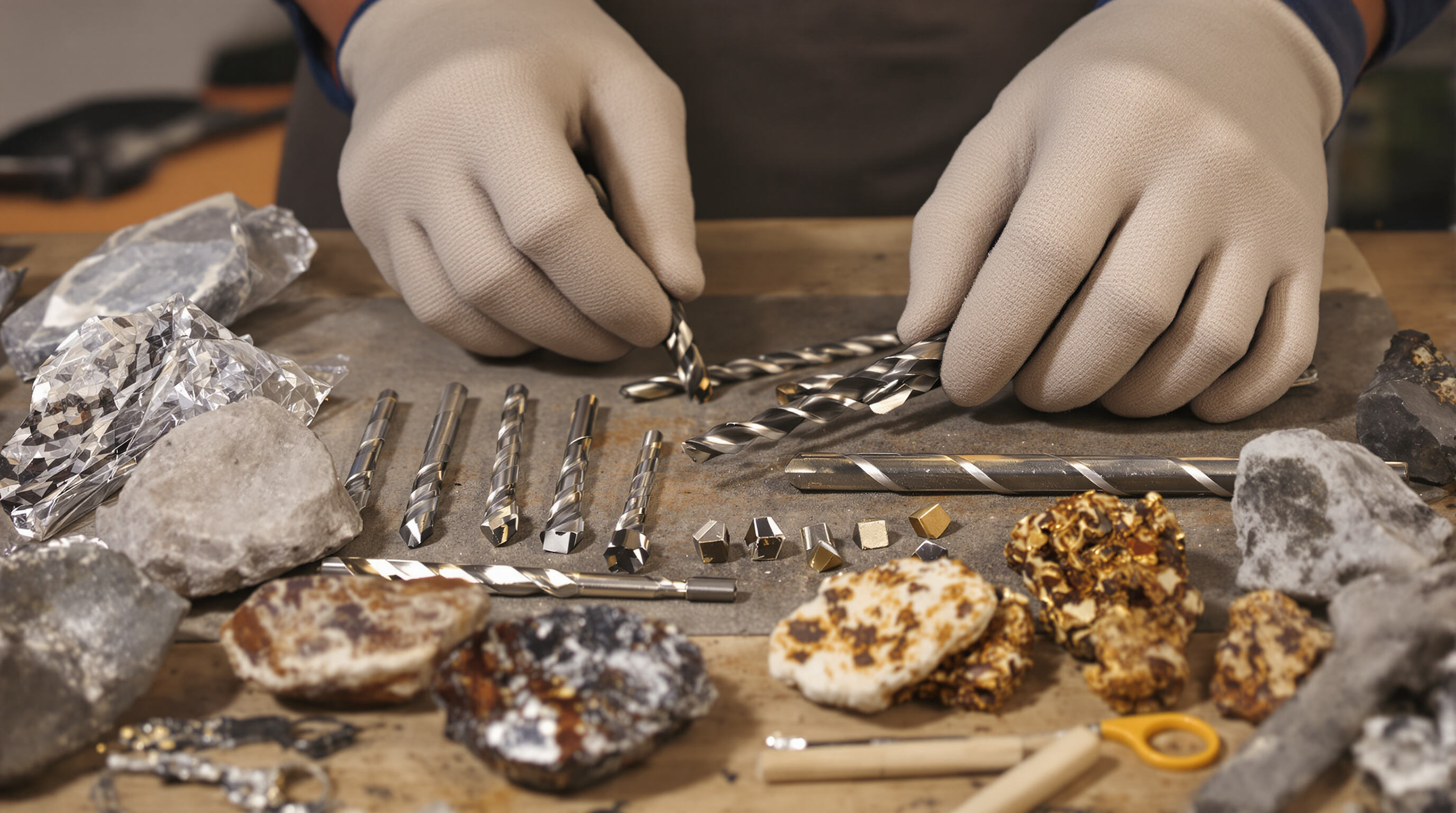 Technician sorting tricone drill bits of different designs next to rock samples