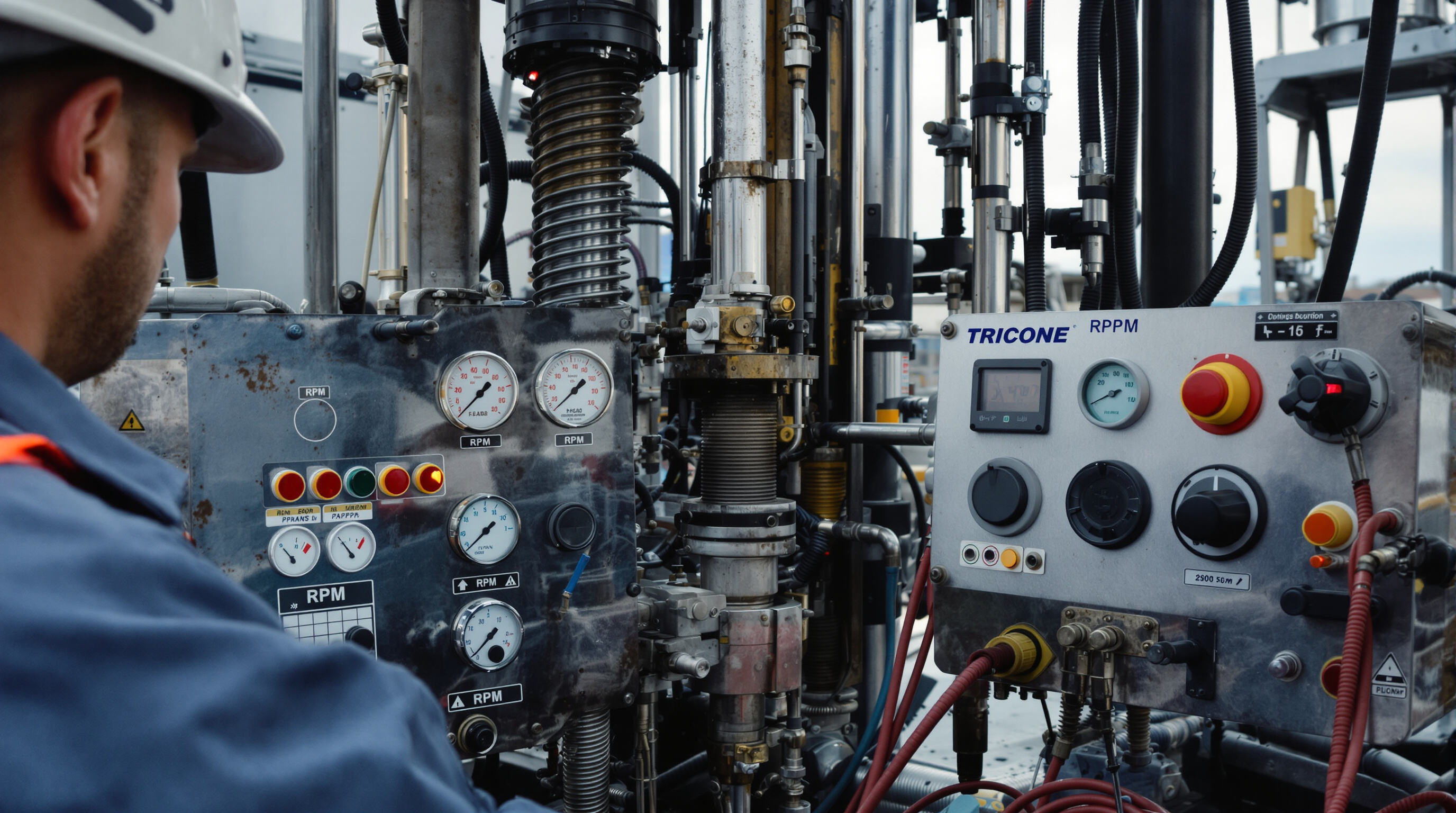 Realistic photo of a drill rig operator optimizing settings to maximize drill bit longevity.