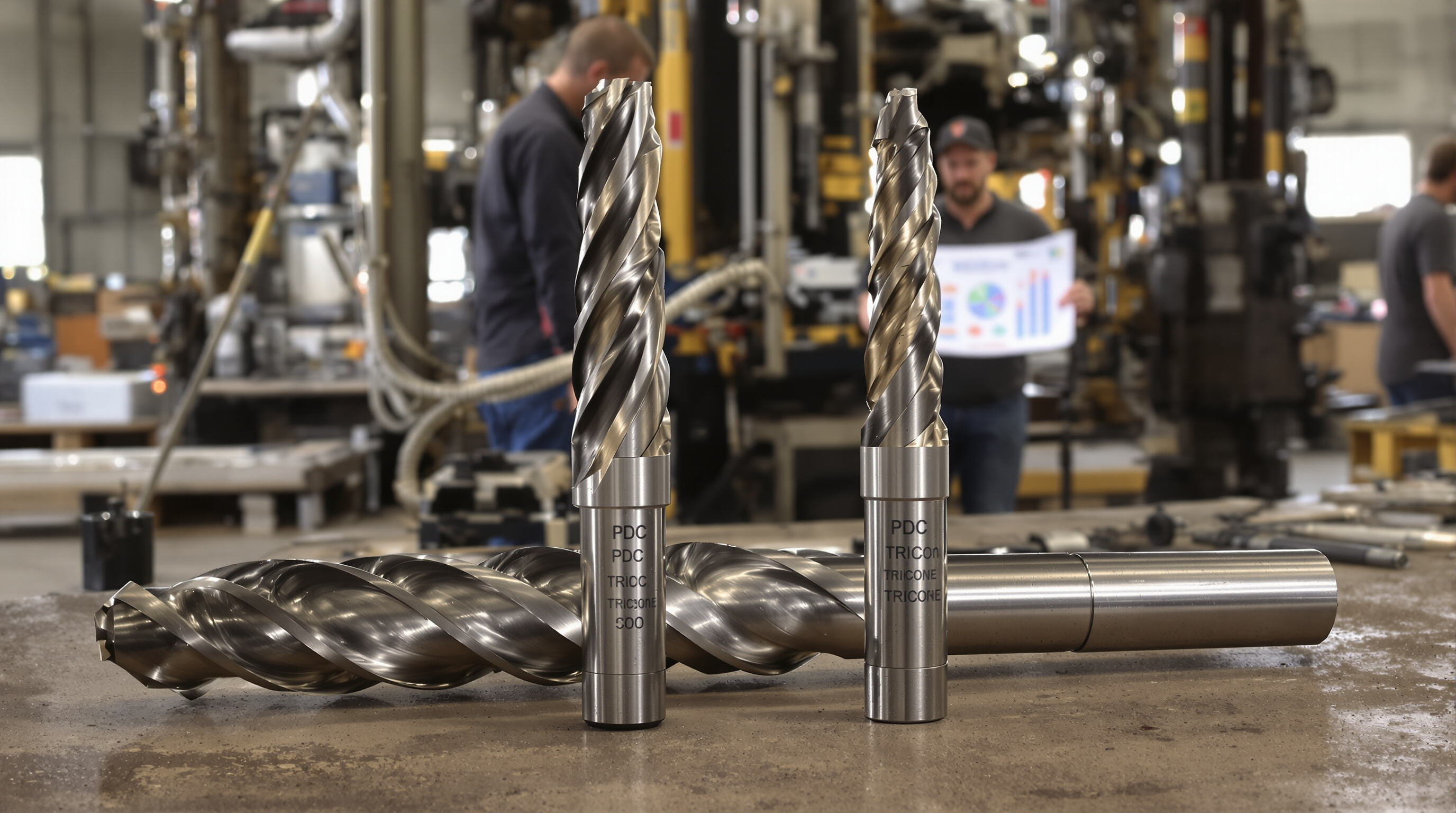 Worn tricone and clean PDC drill bits on a workbench, drilling equipment and cost comparison in background