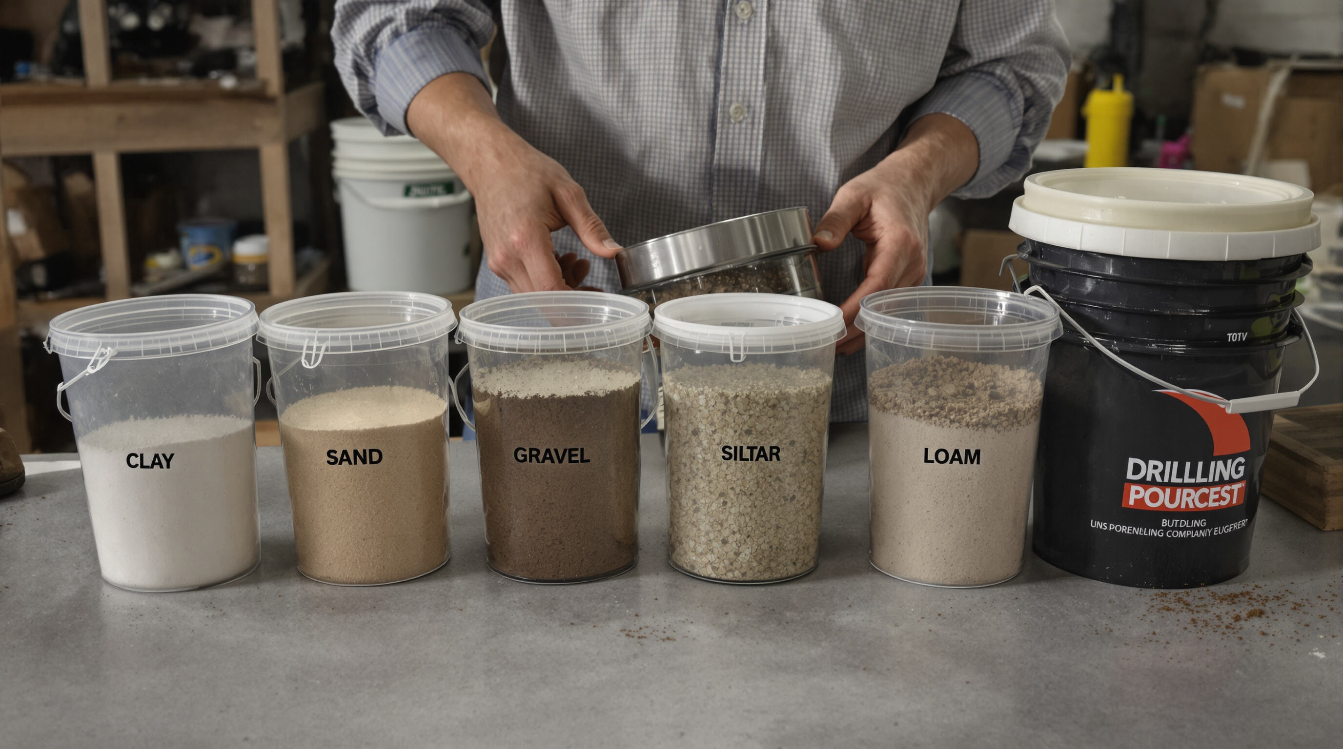 Close-up of an engineer examining diverse soil samples and drilling buckets on a table