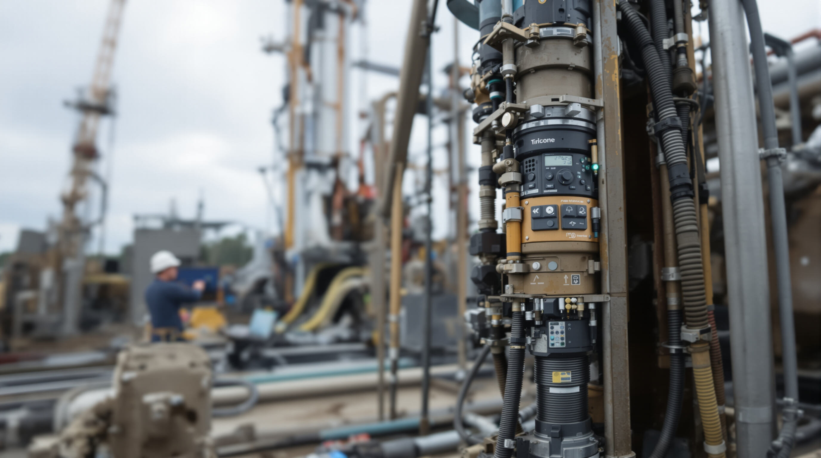 Worker evaluating a sensor-equipped tricone drill bit at a modern oilfield