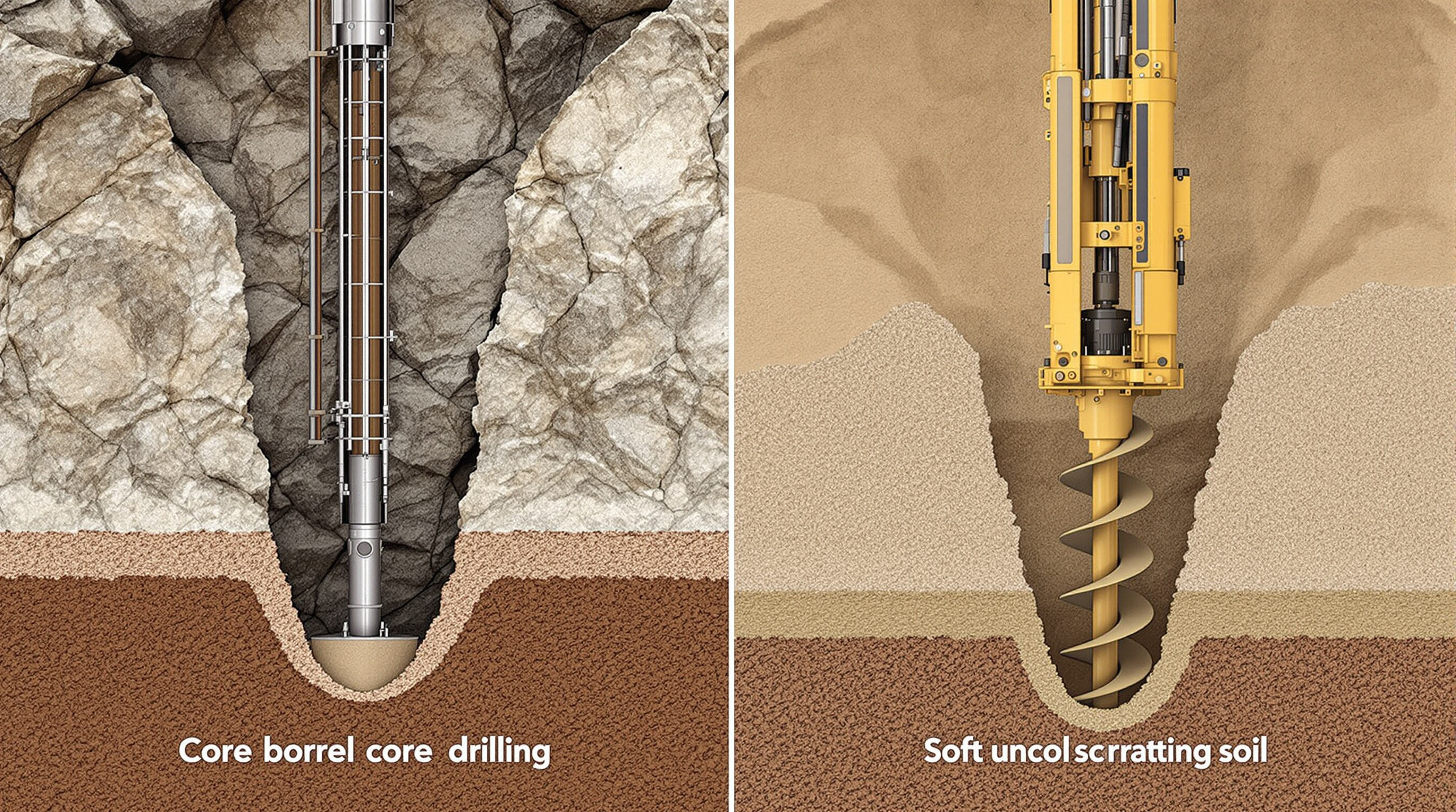 Core barrel drilling in hard rock next to auger drilling in soft soil, both with underground cross-sections showing different operating conditions