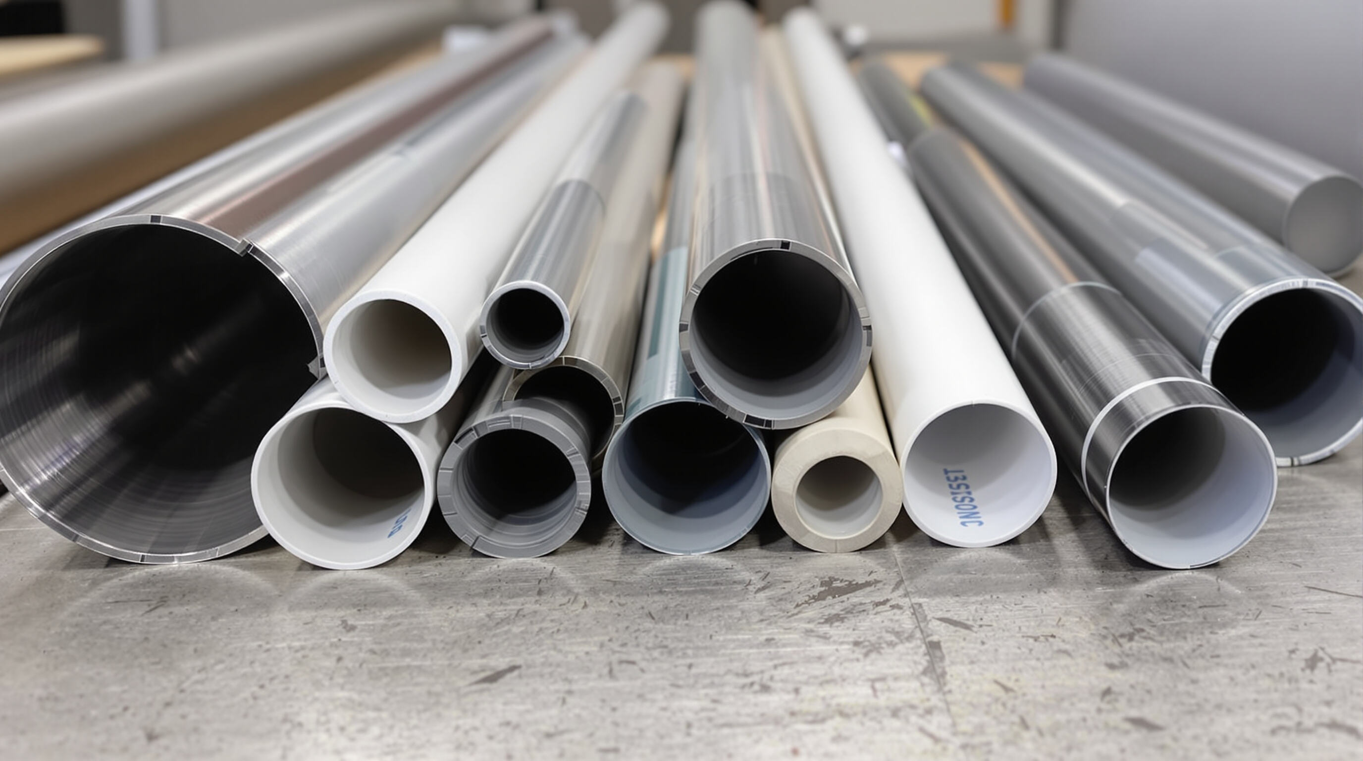 A realistic photo showing steel, PVC, and composite casing pipe samples on a workbench with muted lighting.