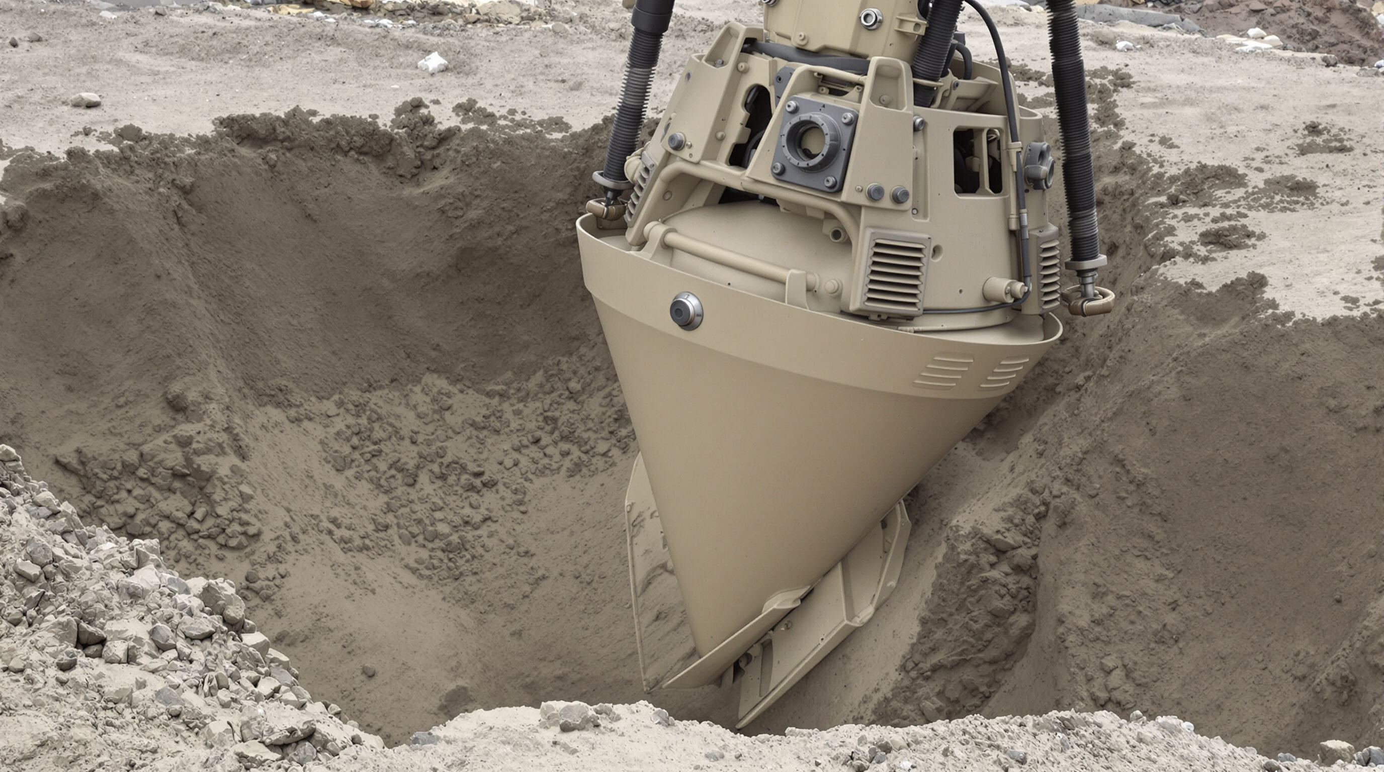 Photorealistic image of a cone-shaped drilling bucket with adjustable blades and side vents at a sandy worksite