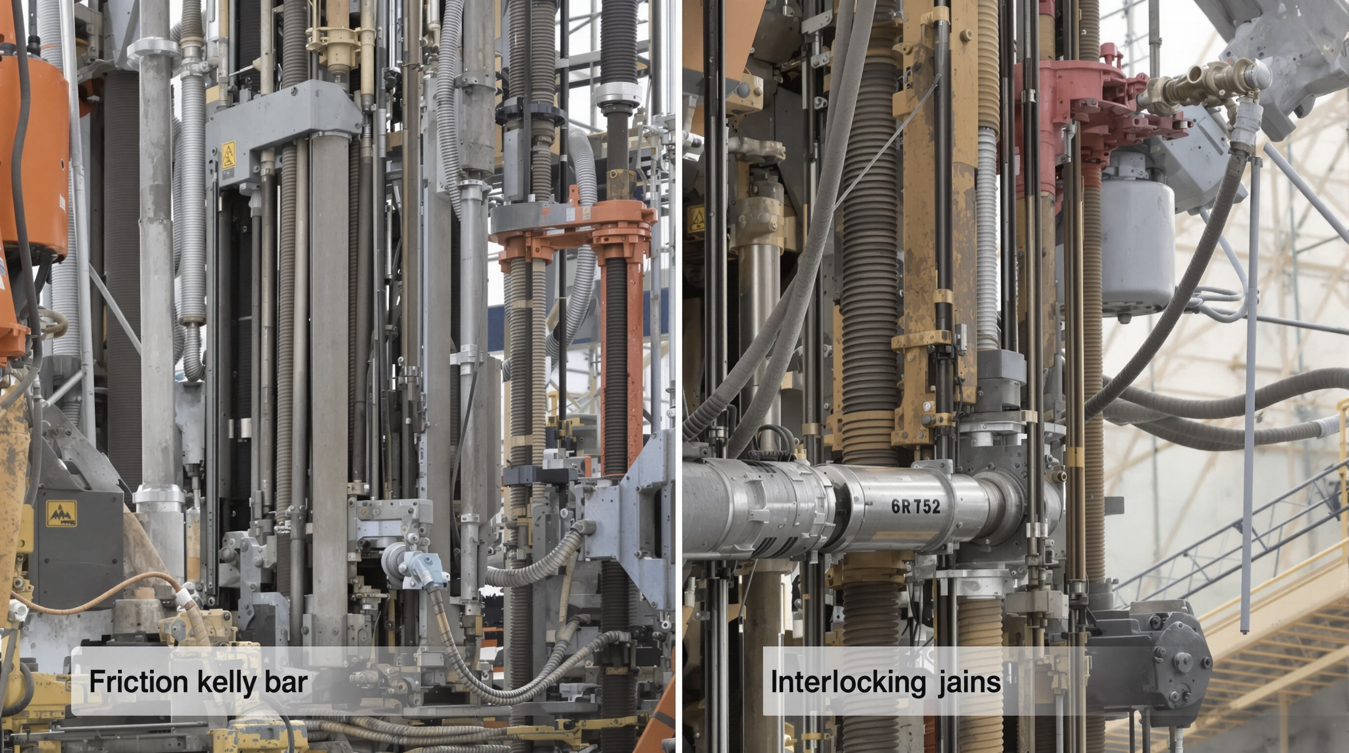 Side-by-side drilling rigs showing friction and interlocking kelly bar systems in use on a construction site
