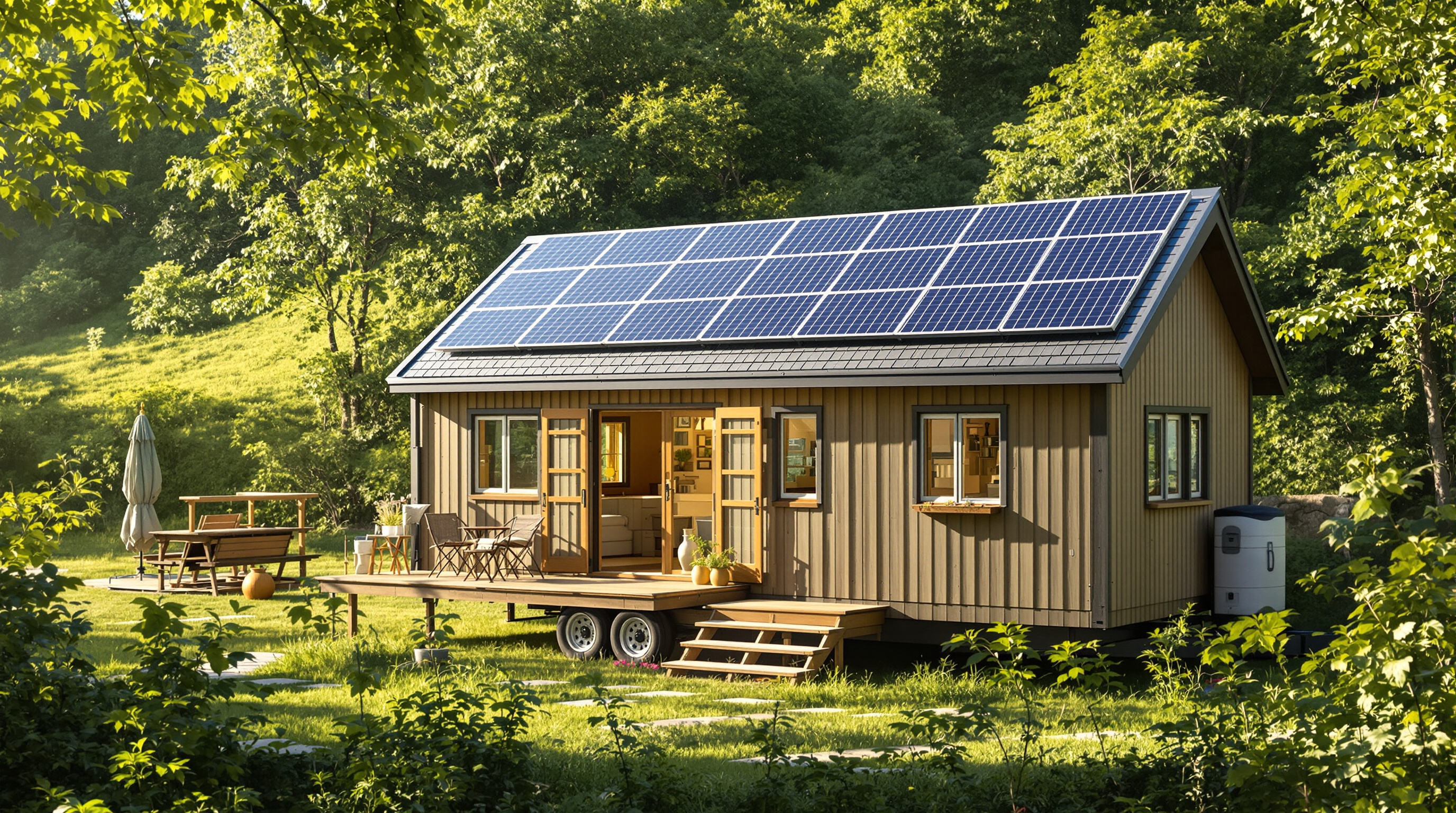 Eco-friendly mobile home with solar panels surrounded by nature