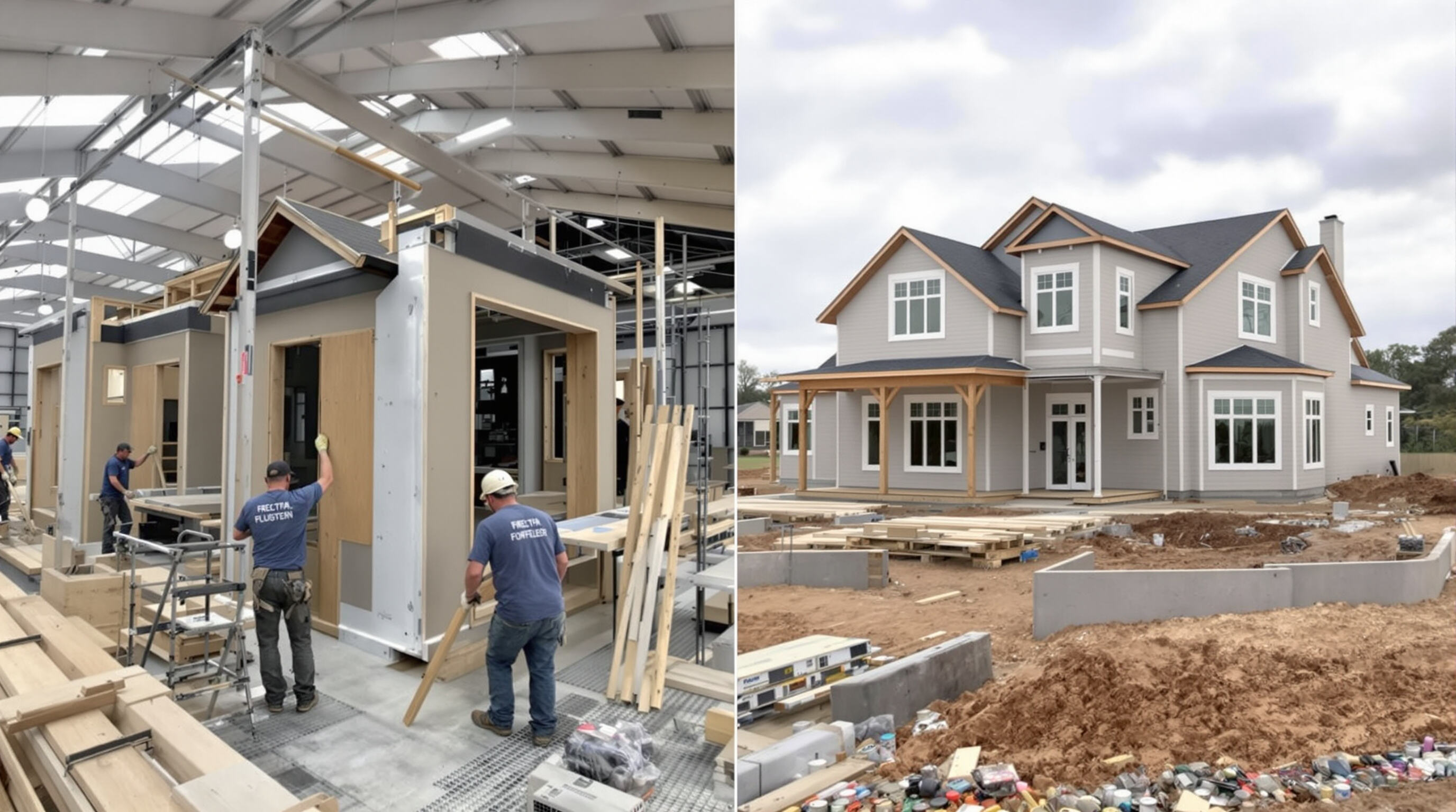 Parallel prefab home factory assembly and on-site foundation work captured simultaneously in a realistic, muted visual style