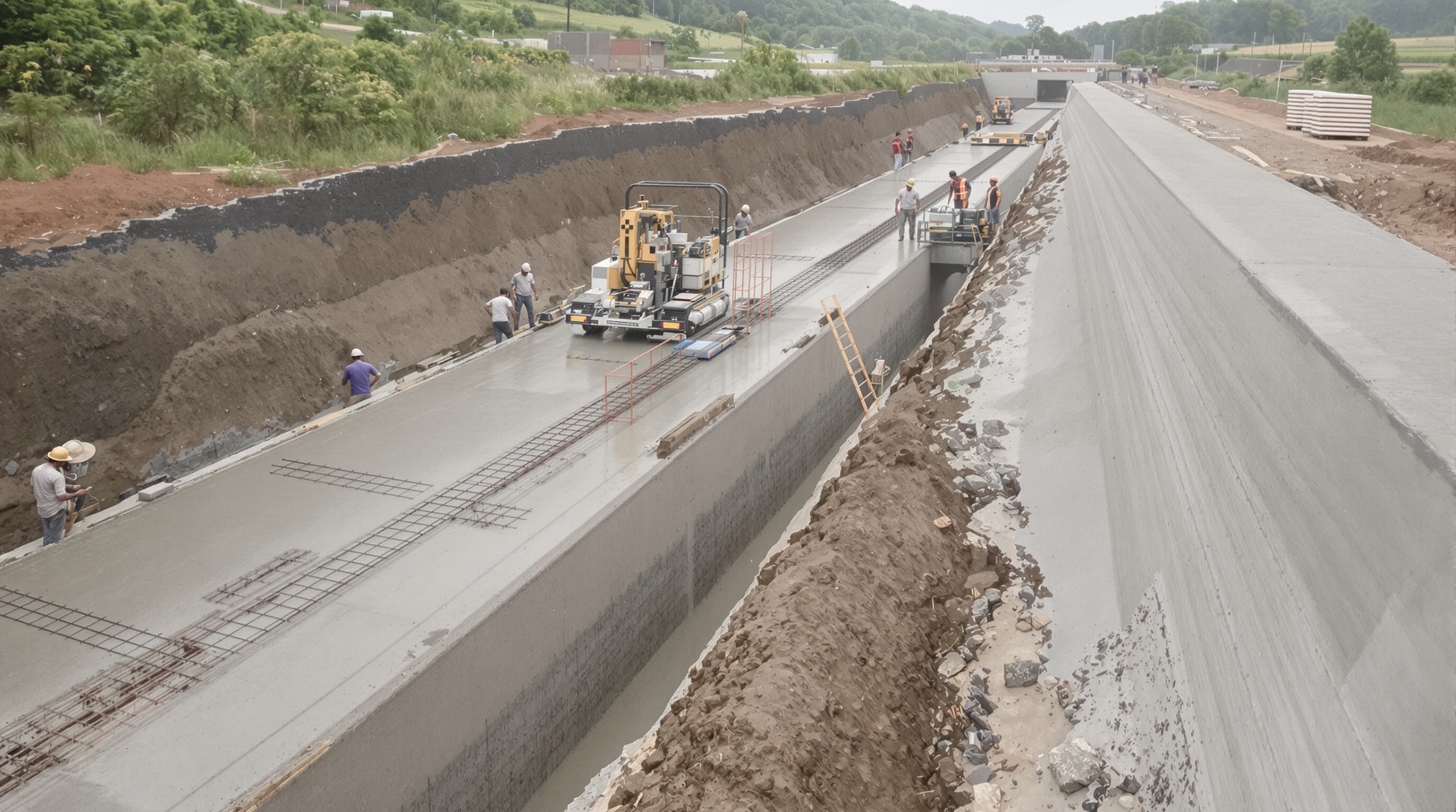 A canal construction site showing both a ditch lining machine and manual concrete pouring, with visible contrast in canal surface quality.