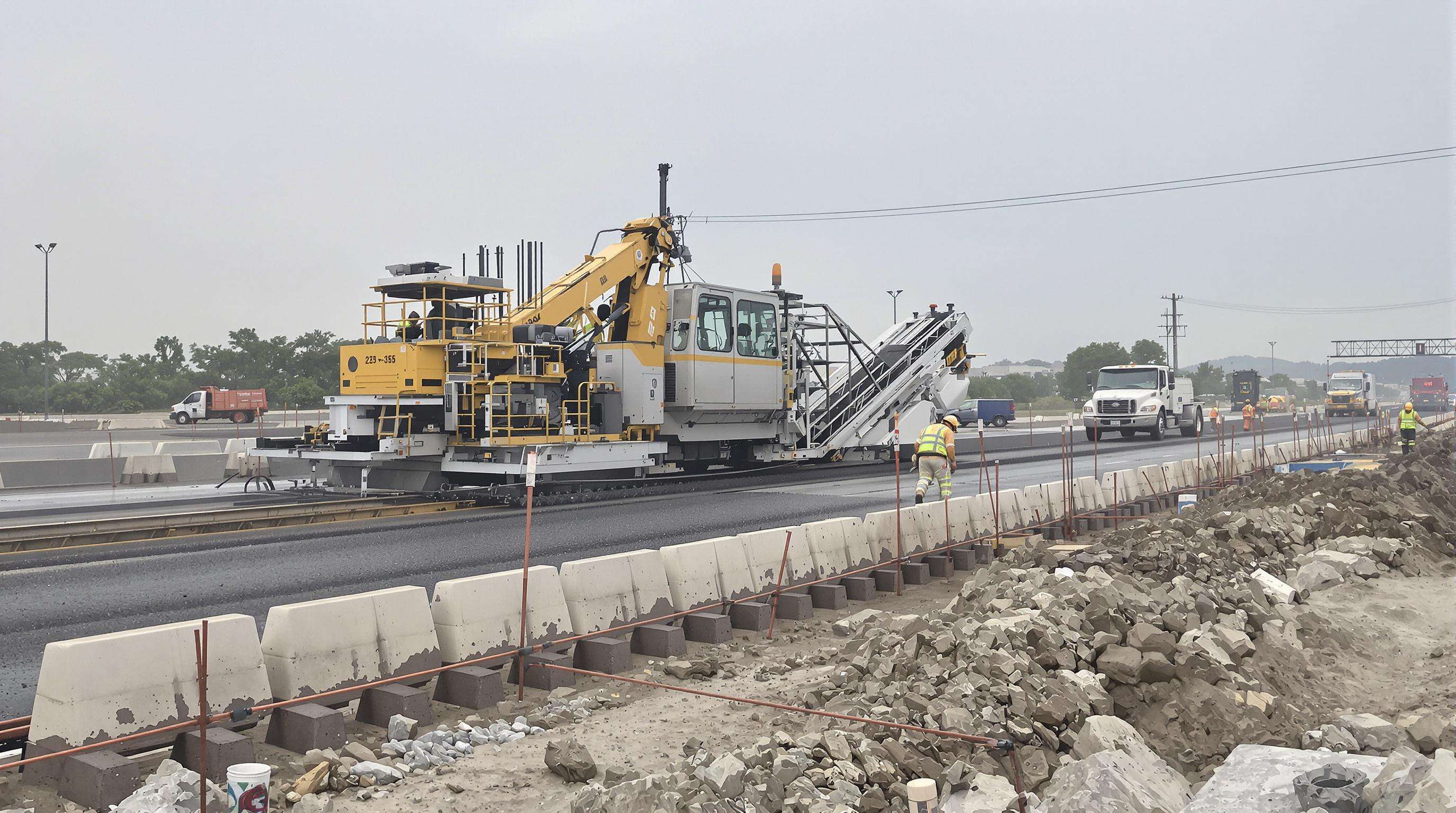 Side-by-side comparison of slipform paver machine in operation and a crew working with traditional formwork barriers on a road project