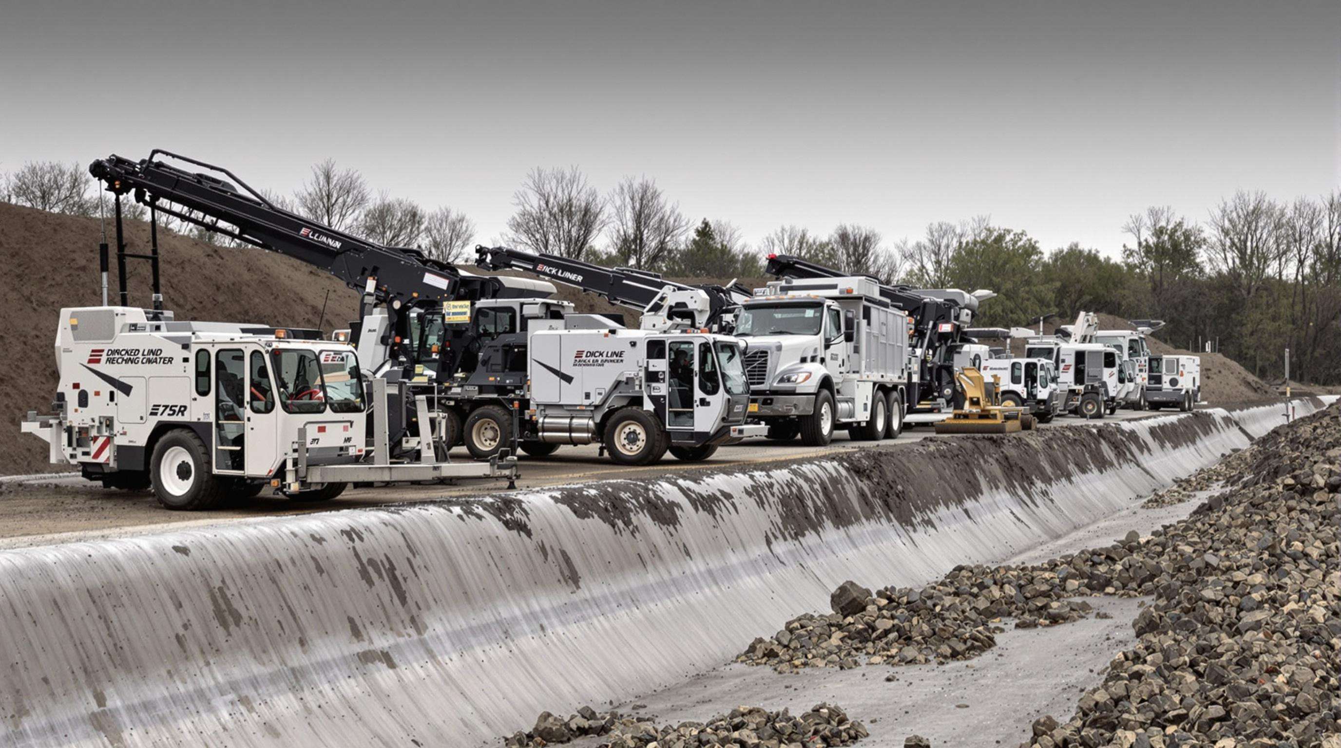 A range of ditch lining machines, from large-scale units to small compact models, shown at work on a construction site