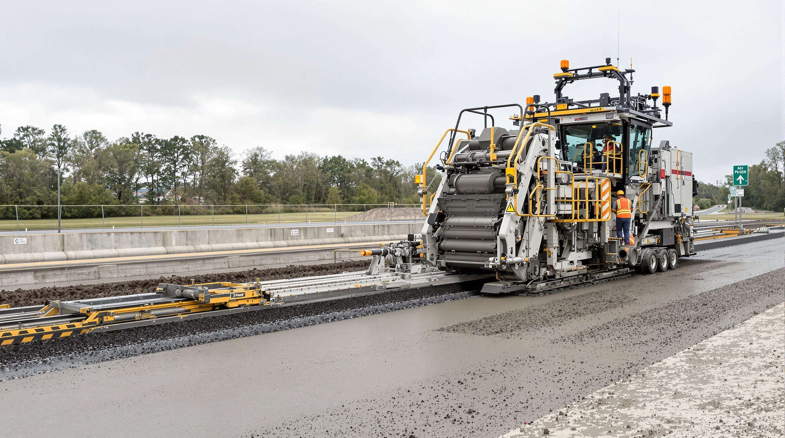 A slipform paver machine laying wet concrete on a highway, with sensors and moving mold visible, workers overseeing the high-tech process.
