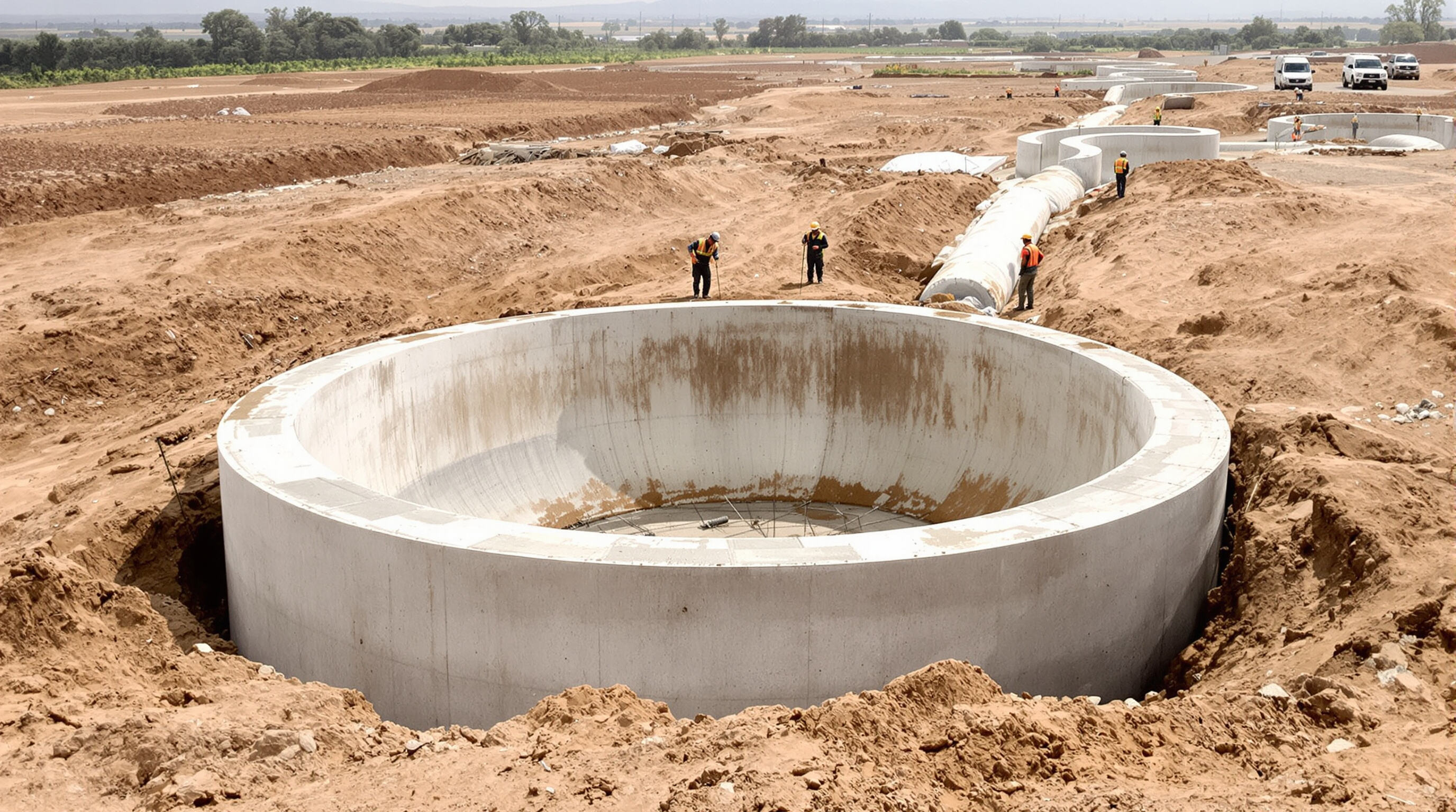 Photorealistic image of U-shaped concrete irrigation ditch with workers in dry farmland