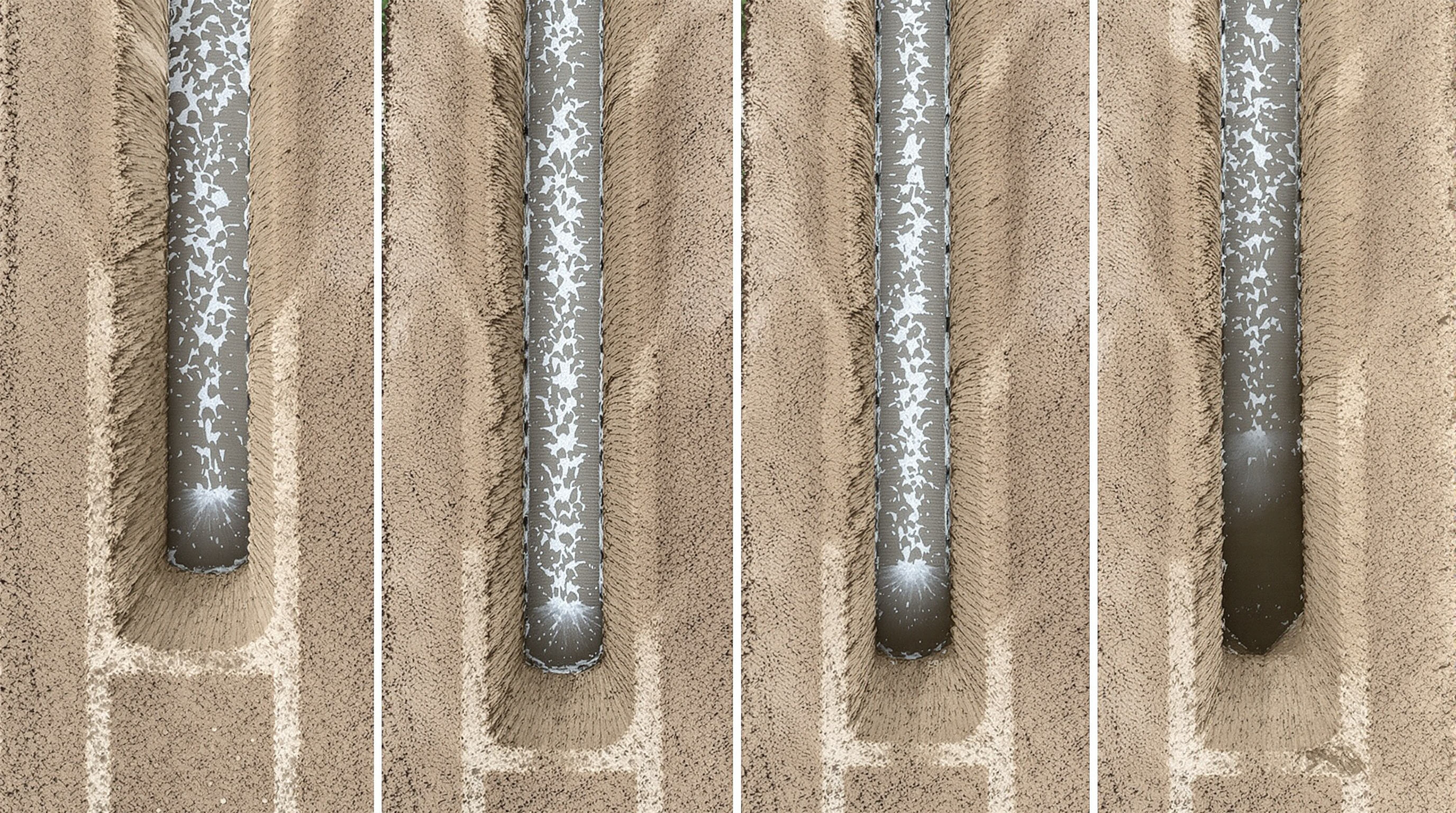 Photorealistic top-down comparison of four irrigation channel shapes in soil