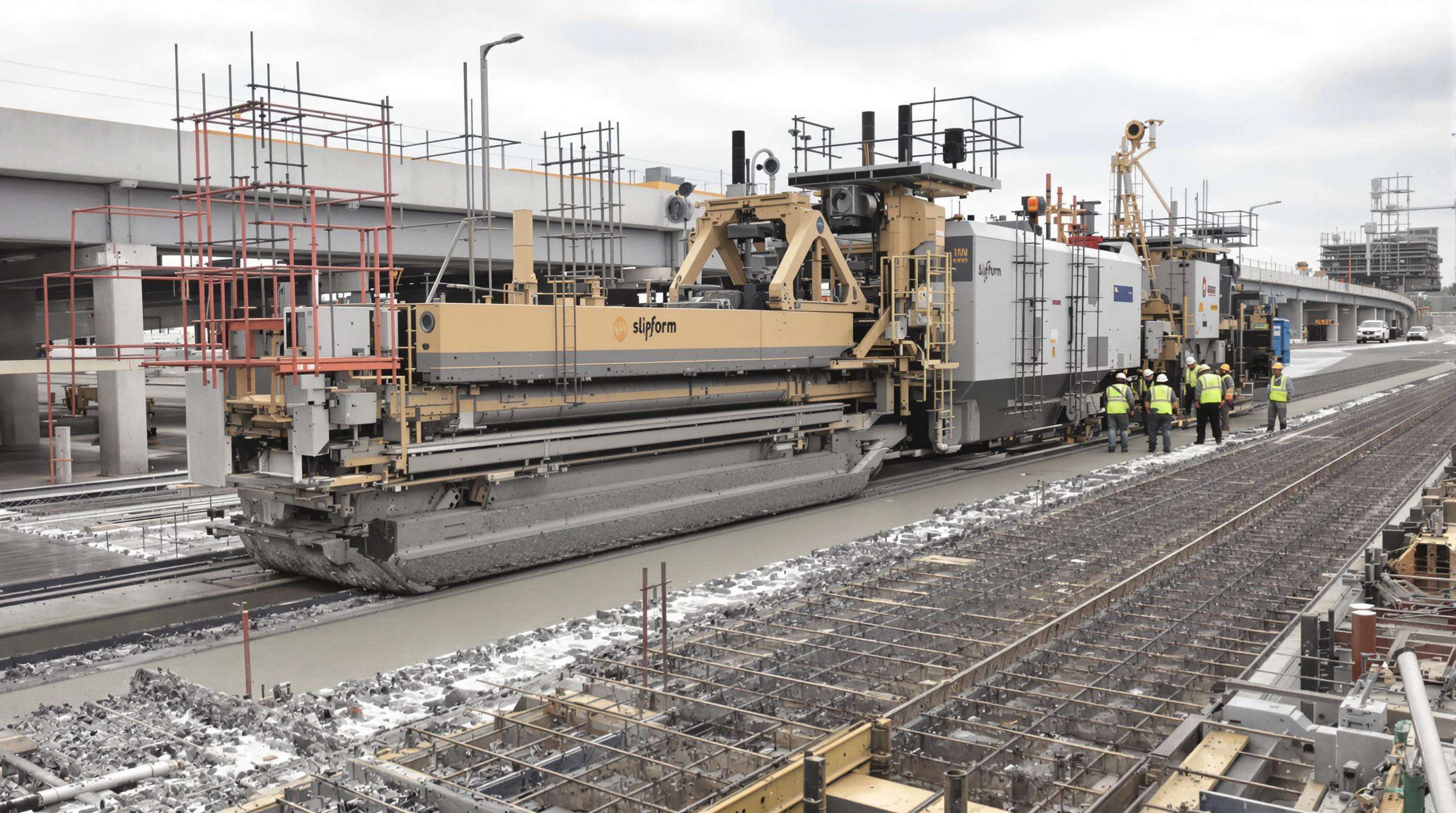 A slipform paver machine extruding continuous concrete pavement on a highway site, with visible vibrators and sensors, and workers overseeing the operation.
