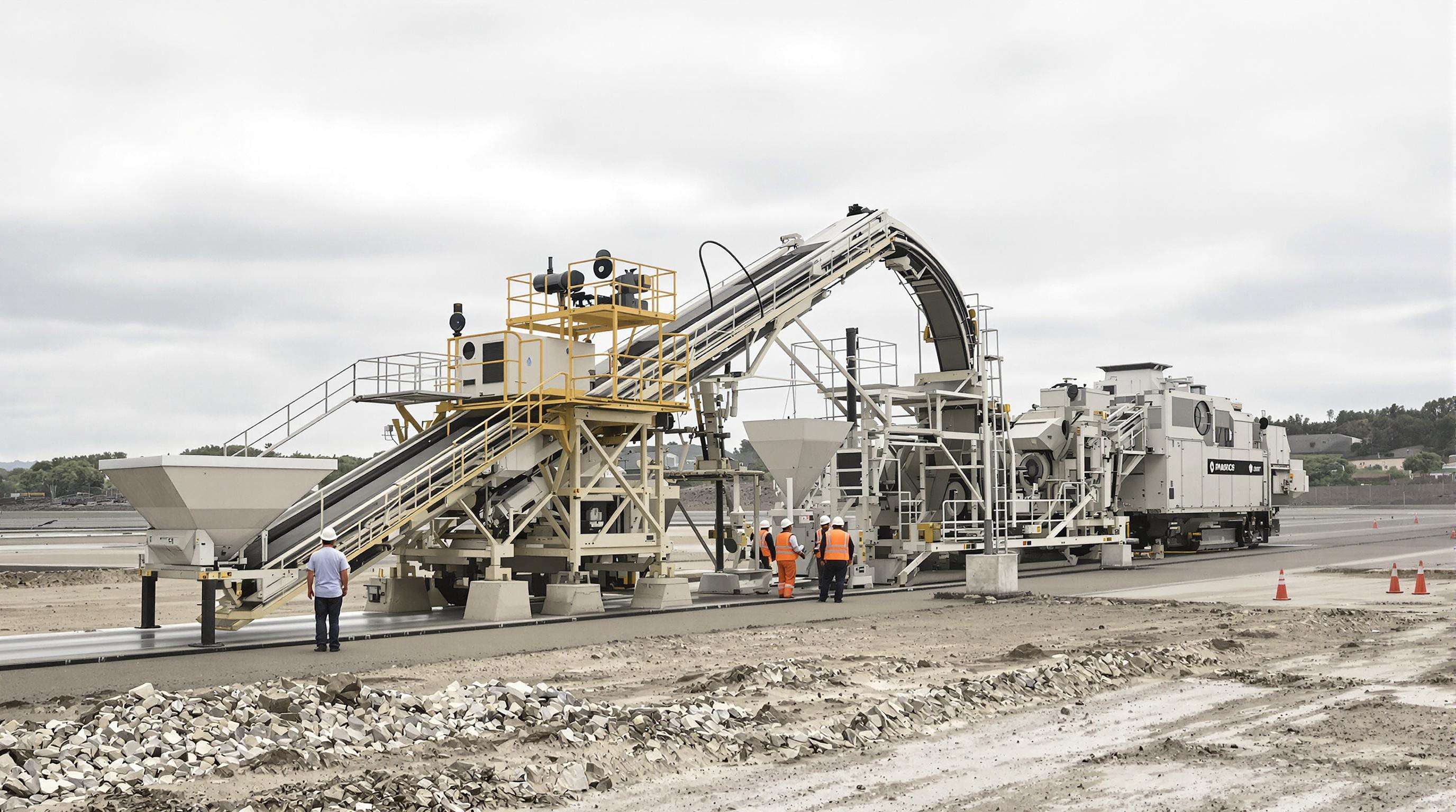 Modern slipform paver using an automated conveyor system to handle concrete with minimal manual labor