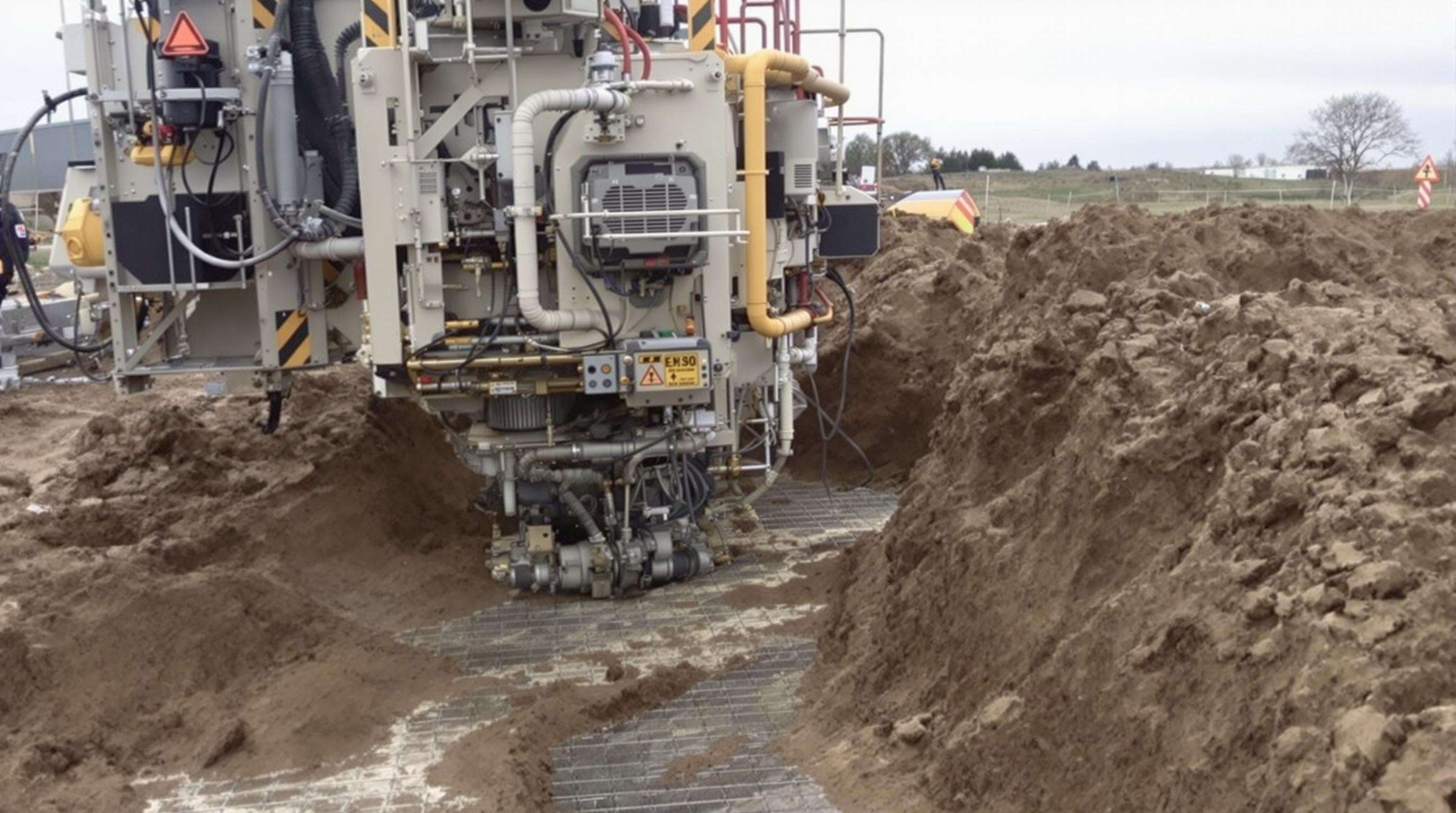 Automated ditch lining machine embedding liner and stabilization grids into trench at a construction site