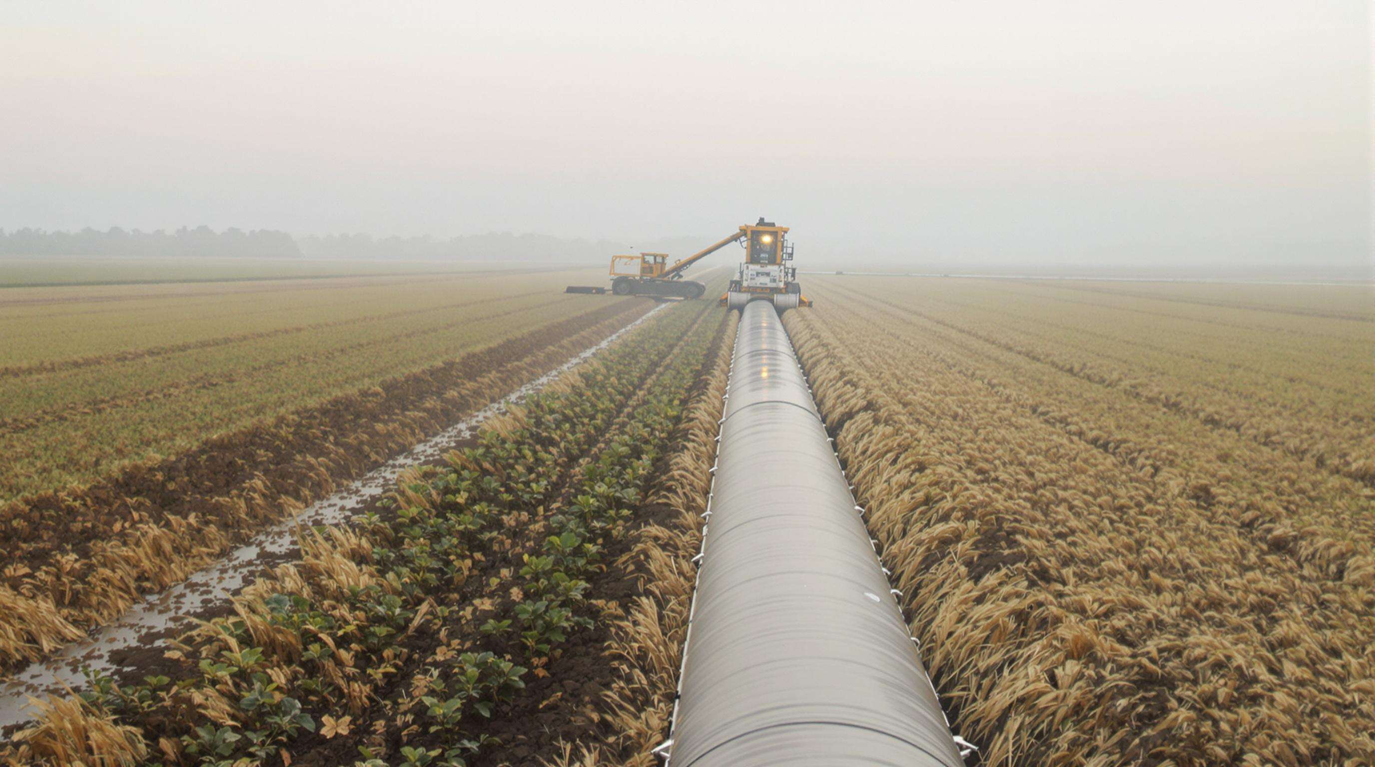 Ditch lining machine installing waterproof liner in an irrigation channel on farmland with misty background