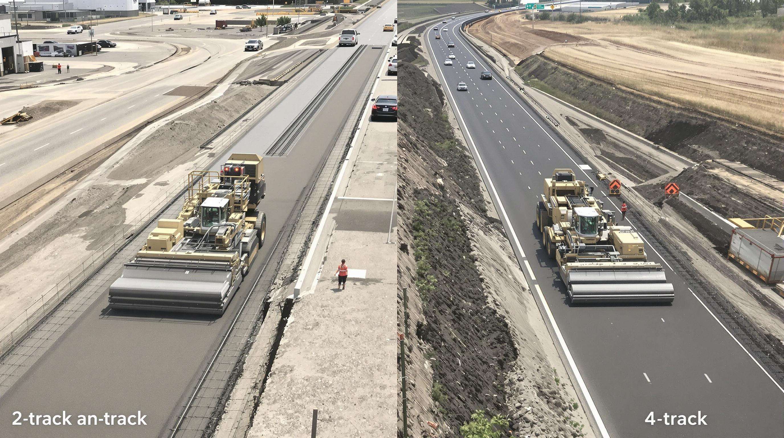 Comparison of a 2-track slipform paver on an urban street and a 4-track paver on a highway